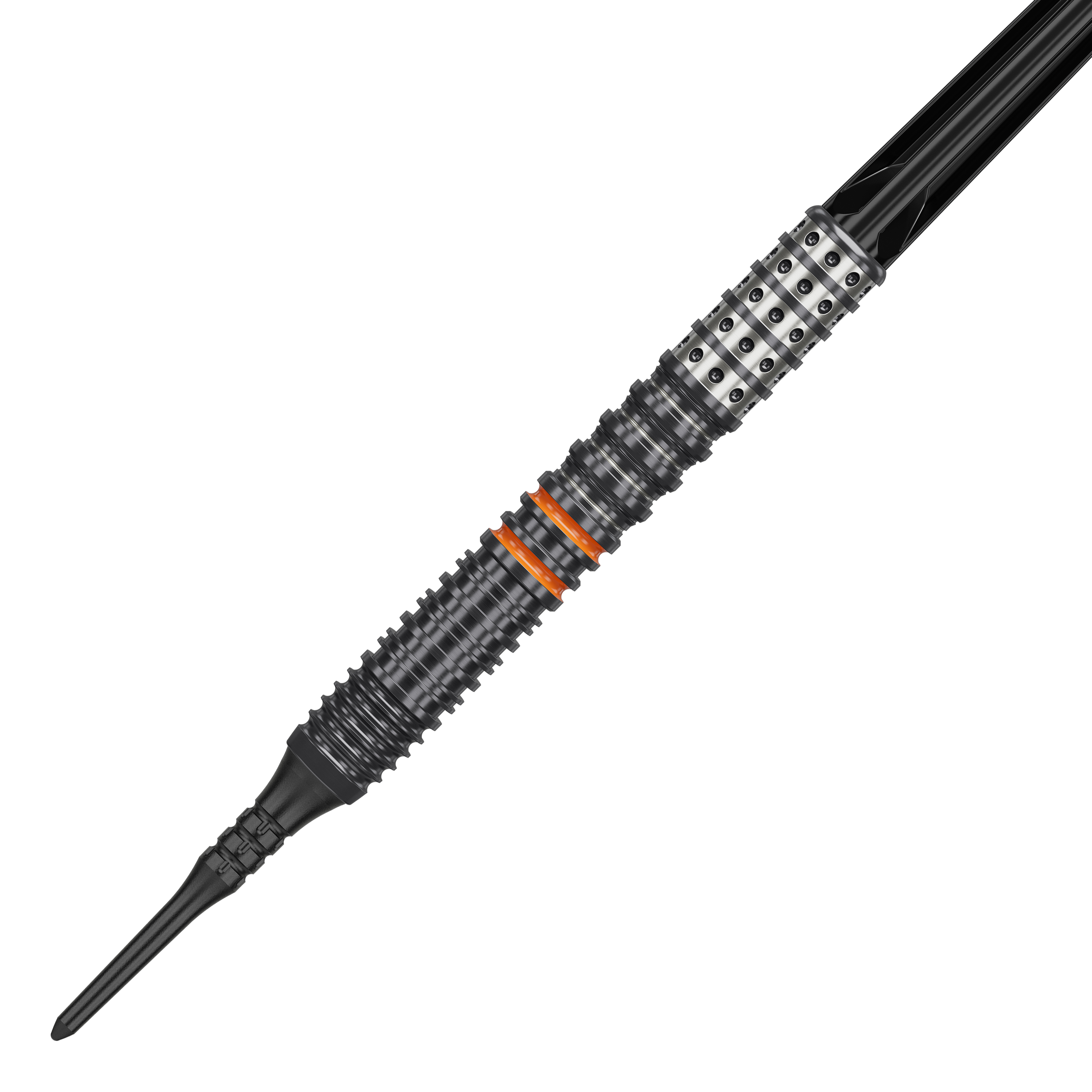 Fléchettes souples Target Japan Black Marque Morpheus GEN2 - 19 g Das Bild zeigt einen Softdart namens "Target Japan Black Marque Morpheus GEN2" mit einem Gewicht von 19g. Der Dartpfeil hat ein schwarzes, geriffeltes Design mit silbernen und orangefarbenen Akzenten.