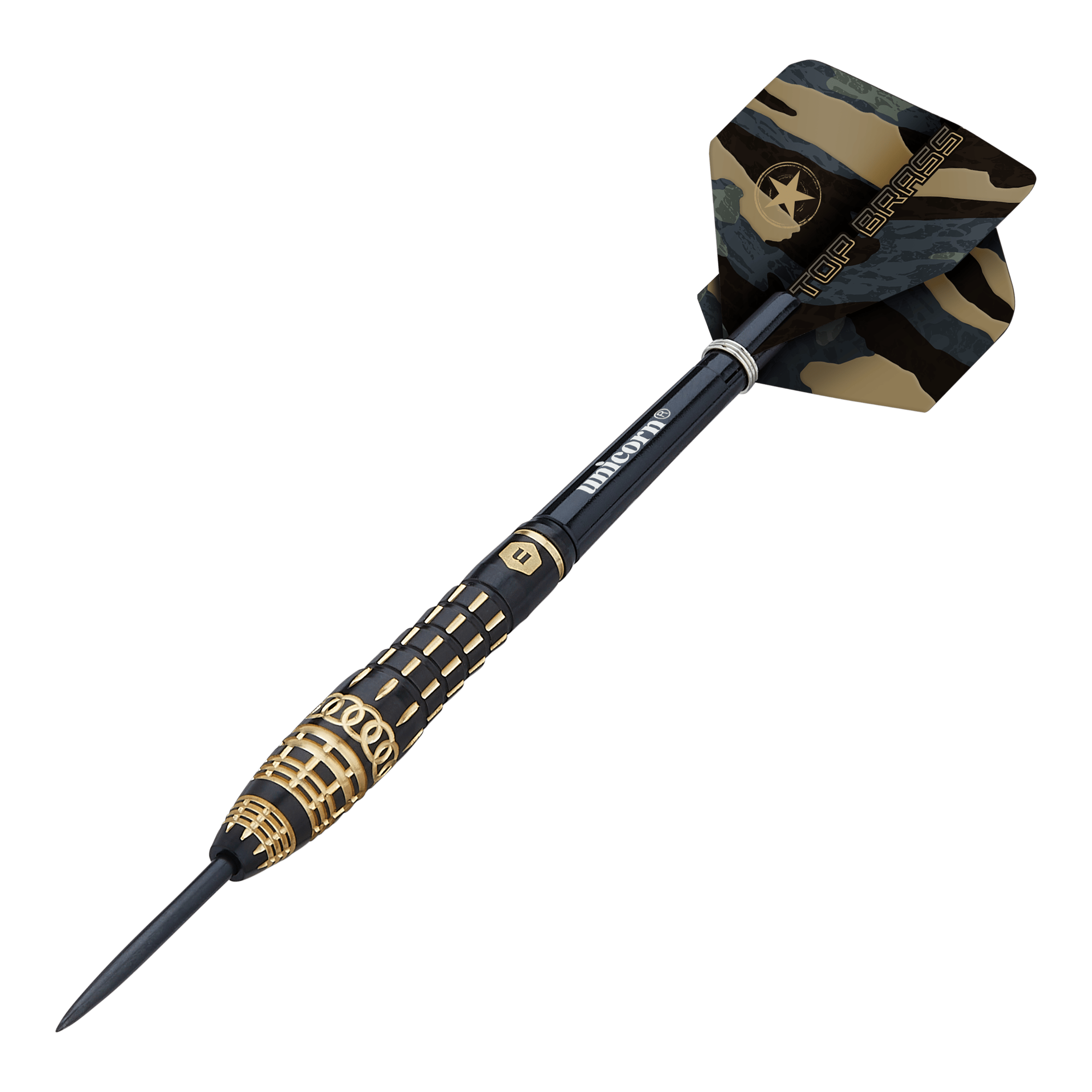 Steeldarts Unicorn Top Brass V4 - 20g Der "Unicorn Top Brass V4 Steeldart - 20g" ist ein eleganter Dartpfeil mit goldenen und schwarzen Akzenten. Am Flight steht "TOP BRASS" auf einem Camouflage-Muster.