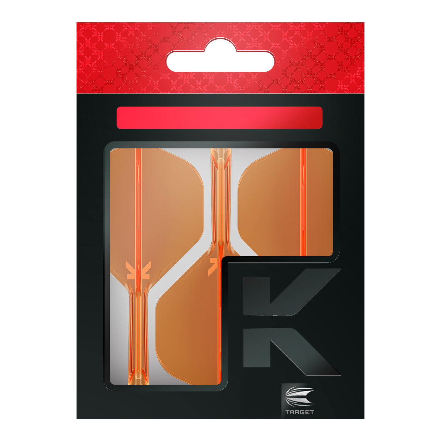 Standardní letový systém Target K-Flex No2 - neonově oranžový Die Abbildung zeigt eine Packung mit orangenen Dart-Flights der Marke Target. Die Verpackung ist überwiegend schwarz mit einem roten oberen Abschnitt.