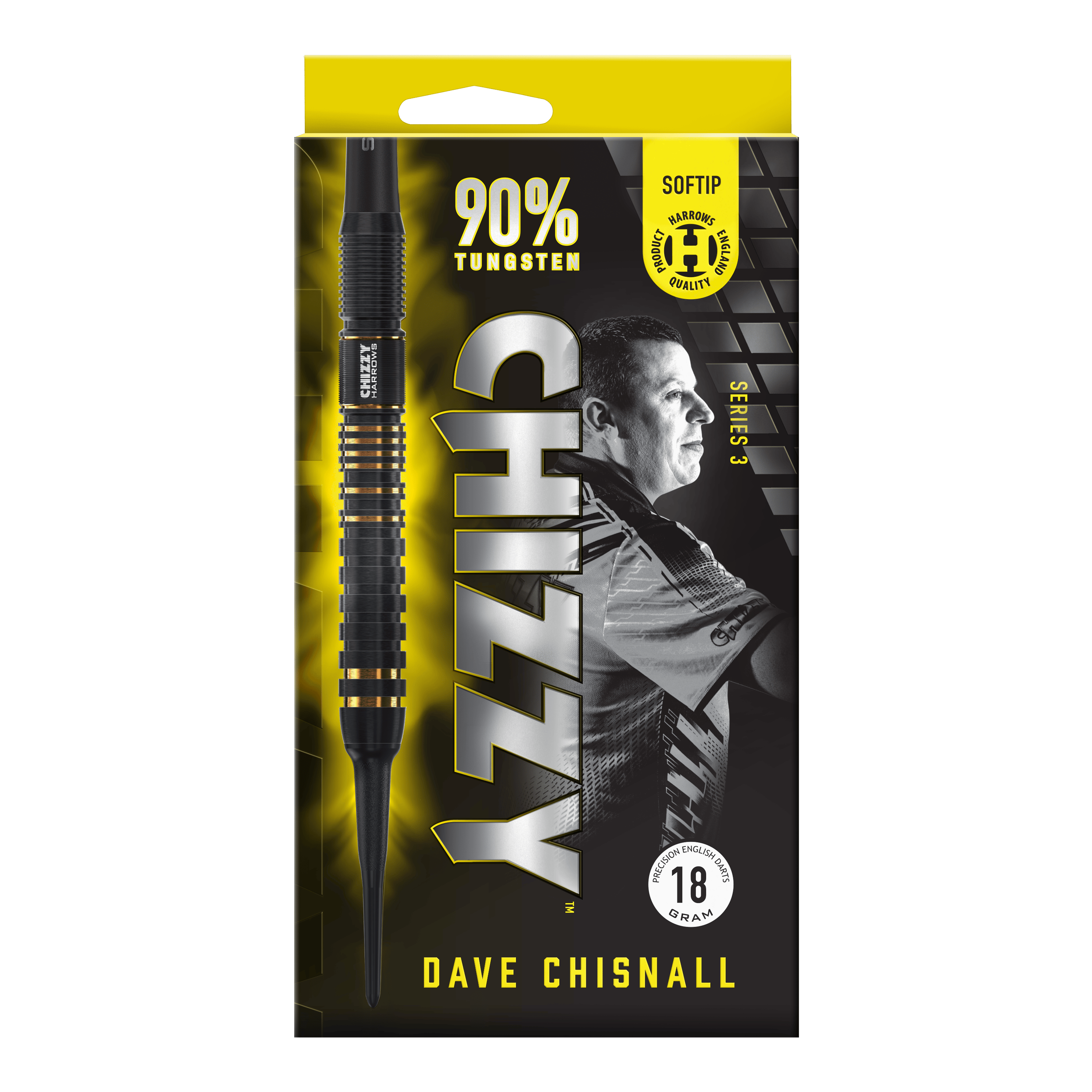 Fléchettes souples Dave Chisnall Chizzy Series 3 de Harrow Das Bild zeigt die Verpackung der "Harrows Dave Chisnall Chizzy Series 3 Softdarts". Auf der Verpackung stehen Informationen wie "90% Tungsten", "Softtip" und das Gewicht von 18 Gramm.