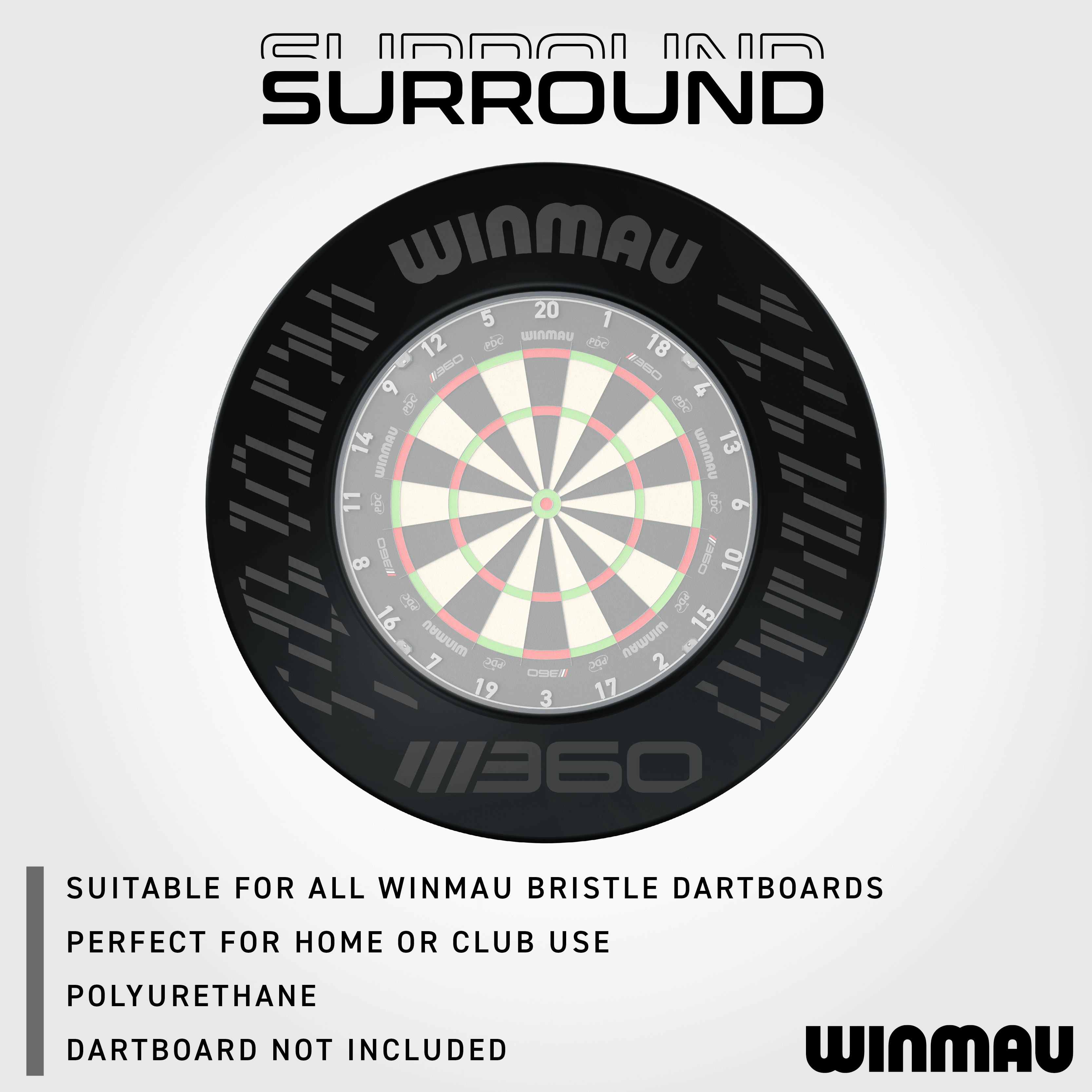 Obložení terče Winmau Blade 360 - černé Das Bild zeigt das Winmau Blade 360 Dartboard Surround in Schwarz. Es ist eine praktische Ergänzung zum Schutz der Wände beim Dartspielen.