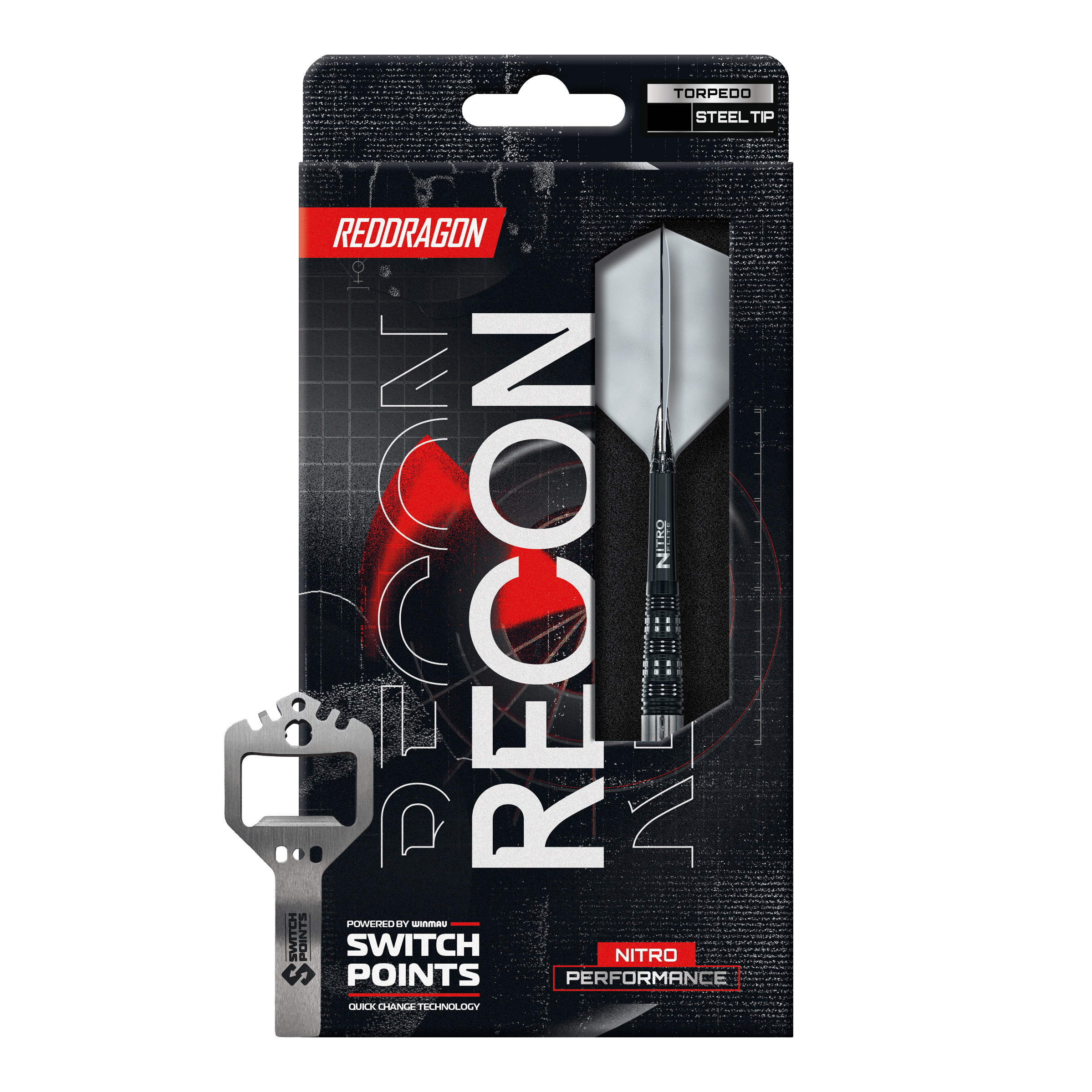 Auf dem Bild sind die Red Dragon Recon Torpedo Steeldarts - 23g zu erkennen. Die Steeldarts liegen parallel zueinander.