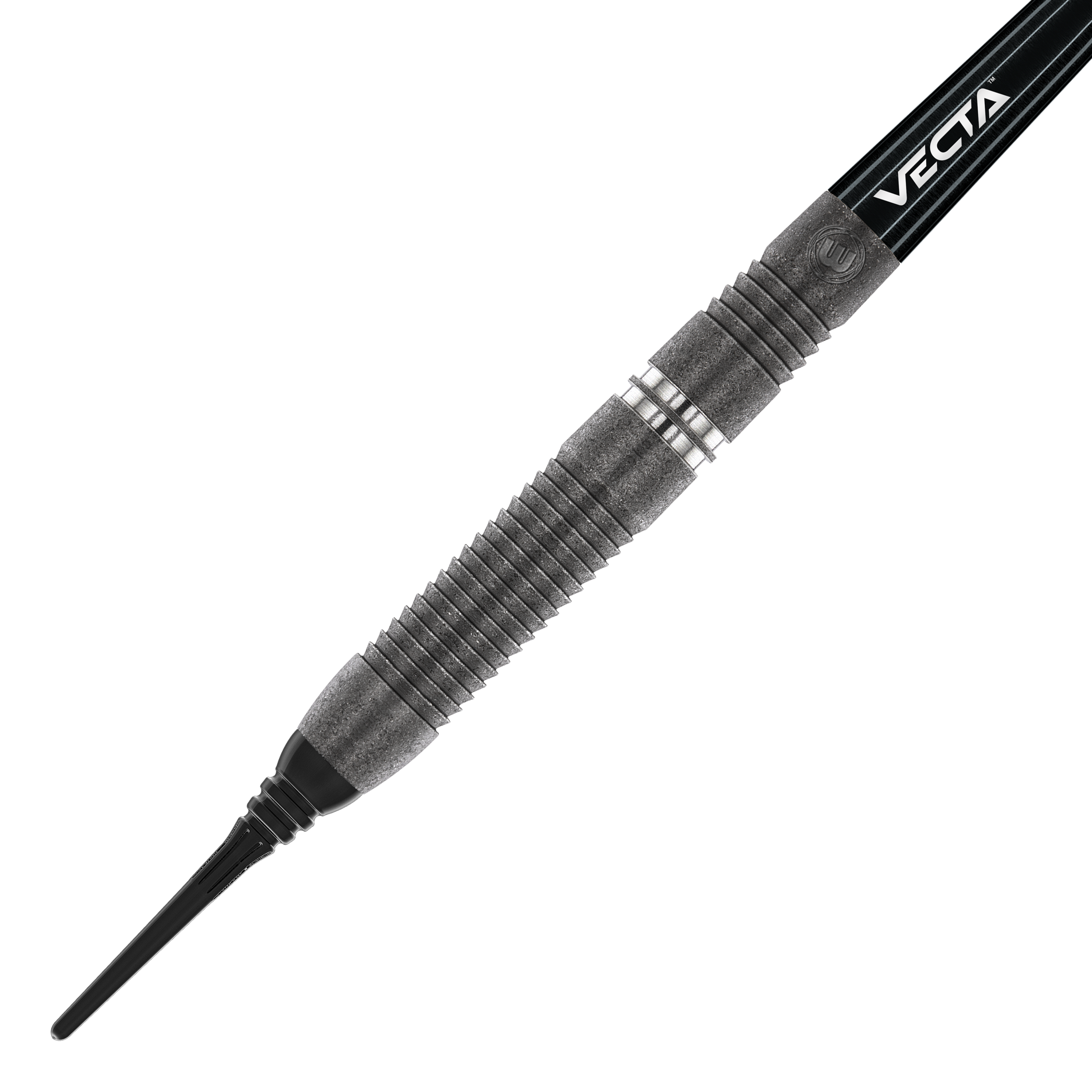 Měkké šipky Winmau Callisto 03 - 20g Das Bild zeigt einen Winmau Callisto 03 Softdart mit einem Gewicht von 20g. Der Dart hat ein modernes, schwarzes Design mit silbernen Ringen und strukturierter Griffzone.
