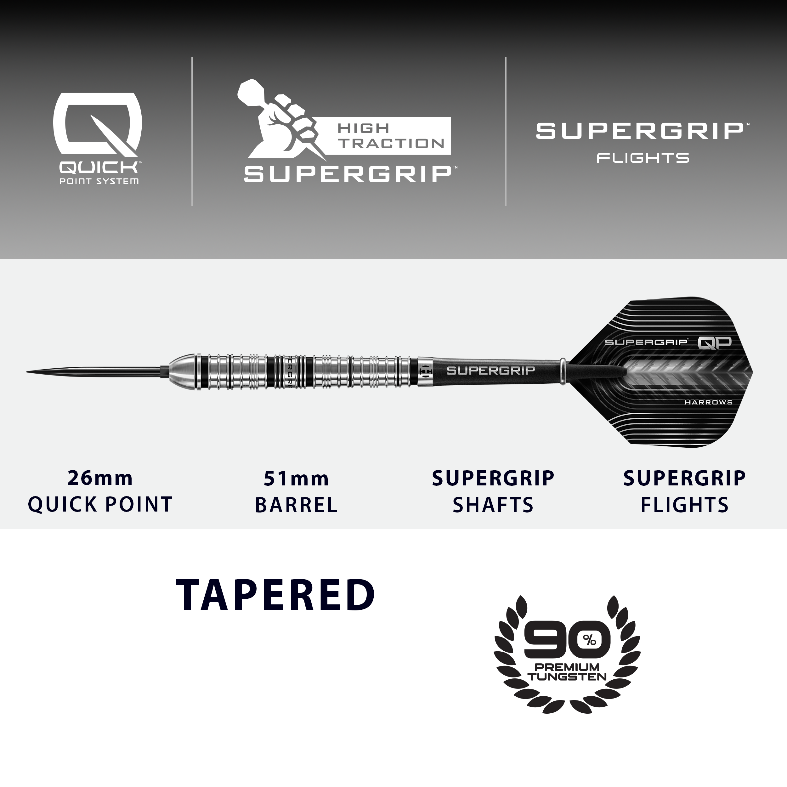 Fléchettes en acier Harrows Supergrip à pointe rapide conique Abgebildet sind die Harrows Supergrip QP Tapered Quick Point Steeldarts. Sie eignen sich ideal für ein präzises Dartspiel.
