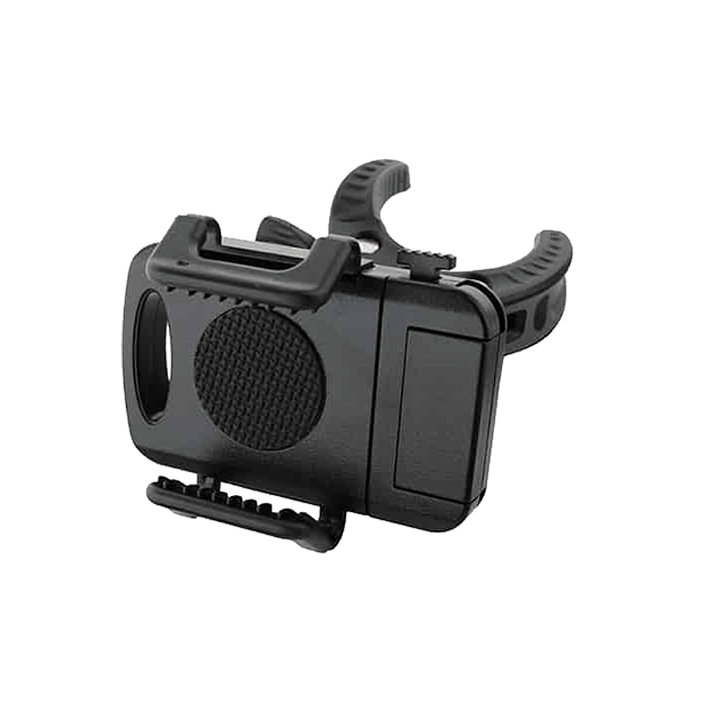 GranBoard Smartphone Holder Das Bild zeigt den GranBoard Smartphone-Halter. Es handelt sich um eine schwarze, kompakte Halterung zur Befestigung eines Smartphones.