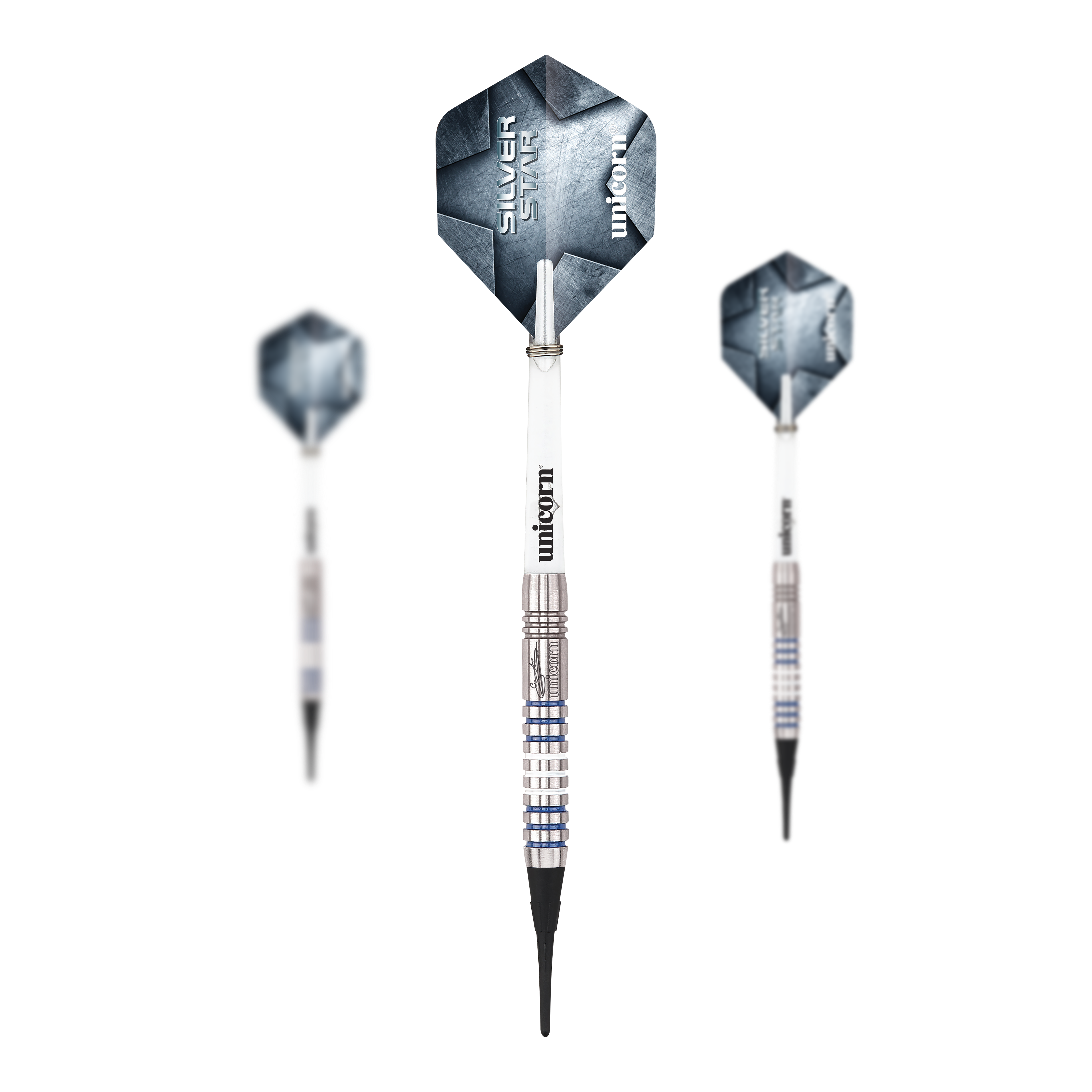 Das Produkt Unicorn Silver Star Var.3 Gary Anderson Softdarts ist als Set abgebildet. Man sieht die Dartpfeile in einer Verpackung angeordnet.