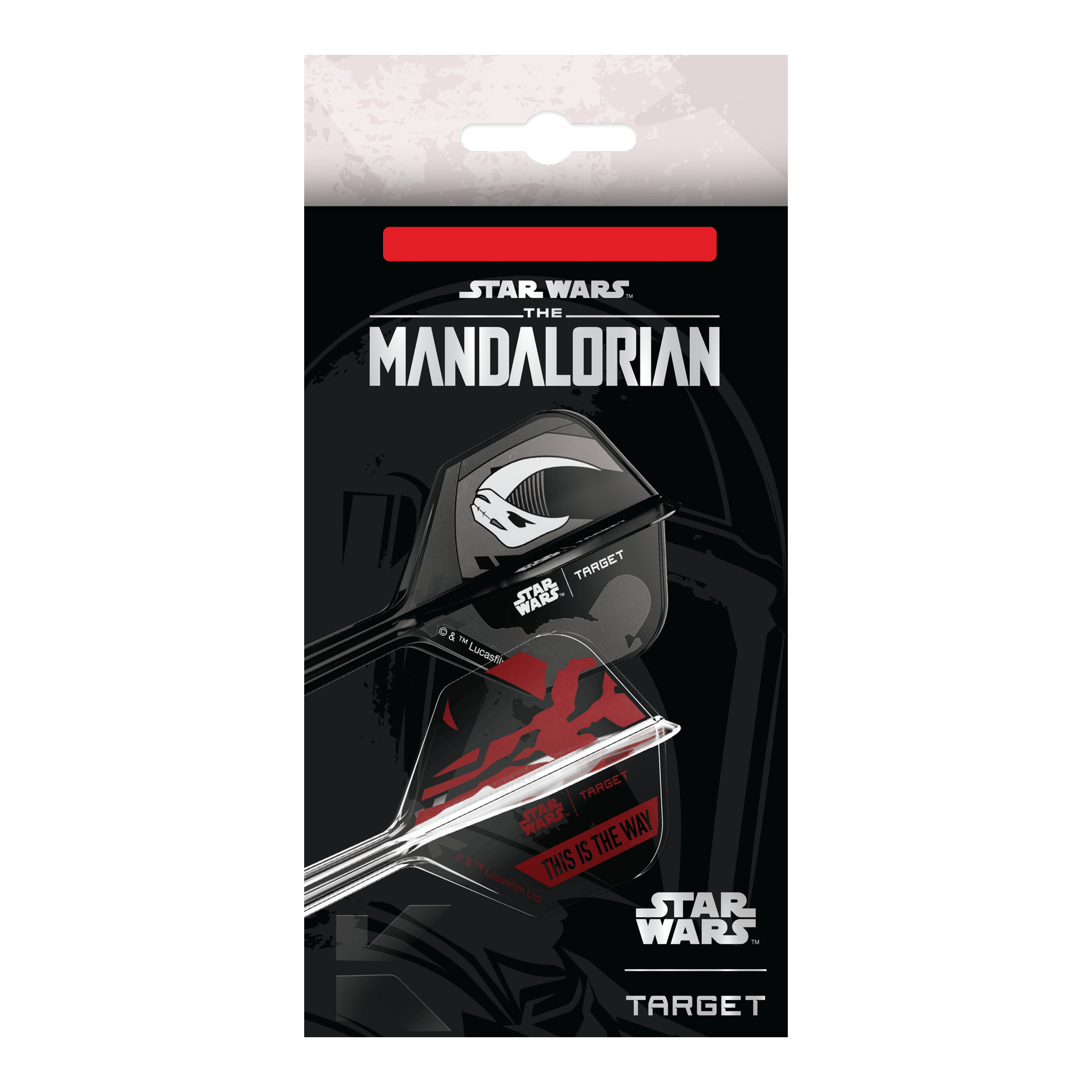 Target Star Wars K-Flex Set Mandalorian No6 Flights Das Bild zeigt das Target Star Wars K-Flex-Set Mandalorian No6 Flights. Das Produkt ist ein Dart-Set mit Mandalorian-Design aus der Star Wars Reihe.