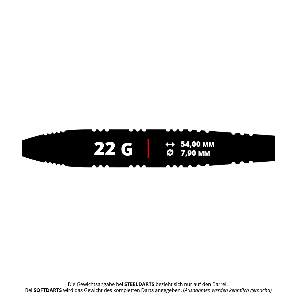Fléchettes en acier laiton Mission Javan - 22 g Das Bild zeigt die Maße und das Gewicht des Produkts "Mission Javan Brass Steeldarts - 22g". Der Dart wiegt 22 Gramm, ist 54,00 mm lang und hat einen Durchmesser von 7,90 mm.