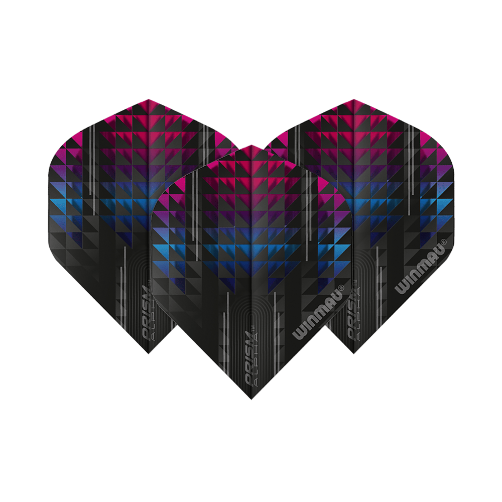 6915-115_Winmua_Prism_Alpha_6915-115_Standard_Flights_1K3smV0njOUW0W Das Bild zeigt drei Winmau Prism Alpha 6915.115 Standard Flights für Dartpfeile. Die Flights haben ein modernes Design mit schwarzen, blauen und pinken geometrischen Mustern.