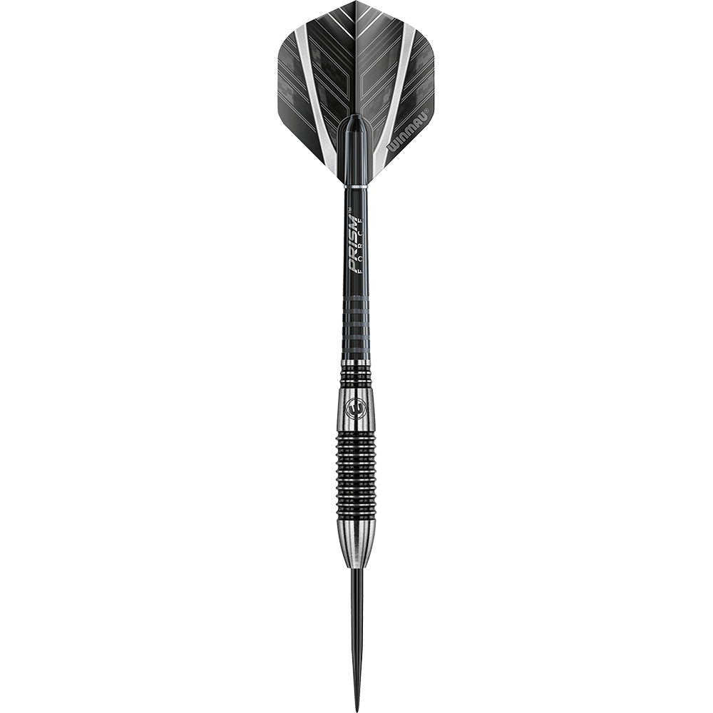 1043-24-Winmau-Blackout-Variante-2-Tungsten-Steeldarts-1n6upcBuMxcUZz Das Bild zeigt einen Winmau Blackout Variante 2 Steeldart. Der Dartpfeil ist schwarz-silbern und hat ein gerilltes Griffstück mit schwarzem Flight.