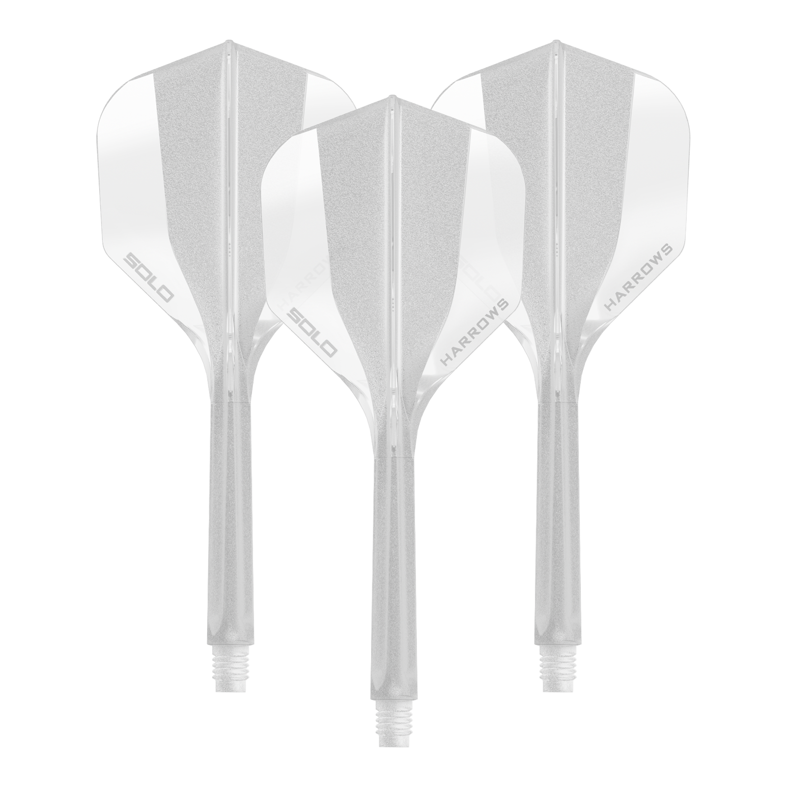 Harrows Solo No6 Flight-Shaft-System - Clear Ein transparentes Dart Flight Shaft System der Marke Harrows, Größe 35mm. Das Bild zeigt ein Set des No6 Solo Flight Shaft Systems in klarer Ausführung.
