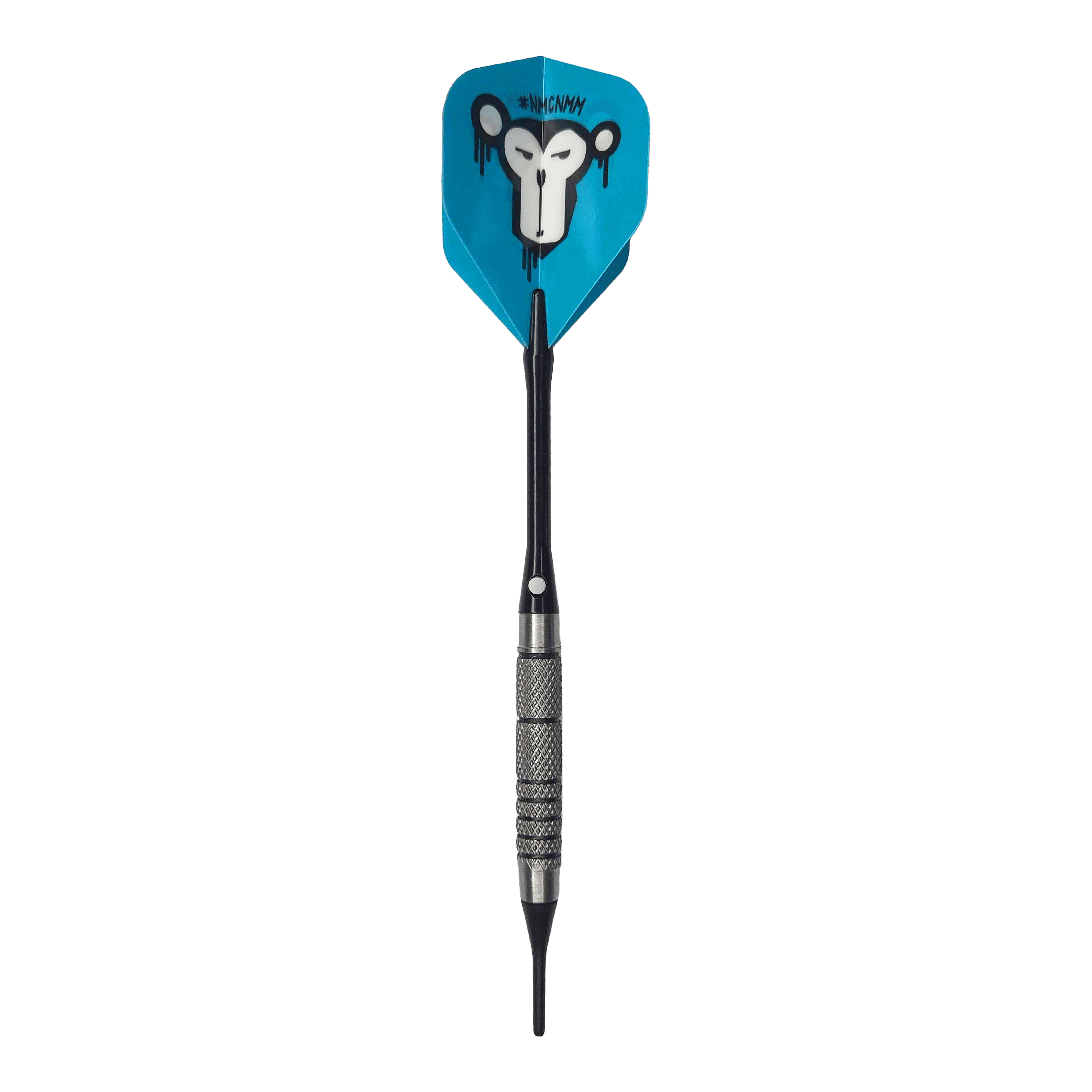 Dardos blandos McDart 85 Tungsten V10 - 17,5 g Der McDart 85er Tungsten V10 Softdart wiegt 17,5 Gramm und hat einen schwarzen, geriffelten Griff. Die blaue Flight zeigt ein Affengesicht mit künstlerischem Design.