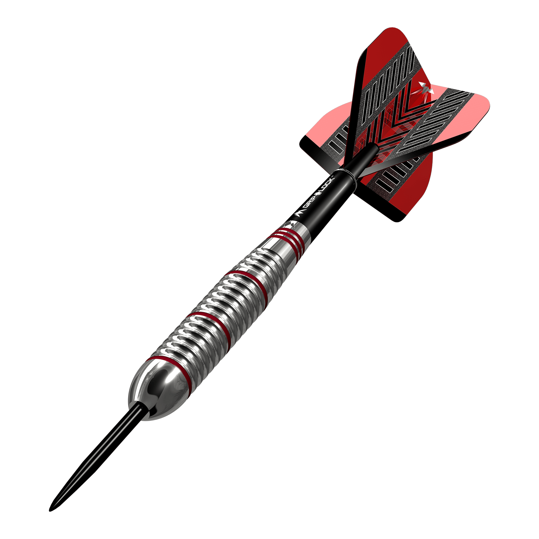 Dardos Mission Rogue de latón y acero - 22 g Das Bild zeigt einen Mission Rogue Brass Steeldart mit einem Gewicht von 22g. Der Dartpfeil hat ein silbernes Griffstück mit roten Akzenten und rote Flights.