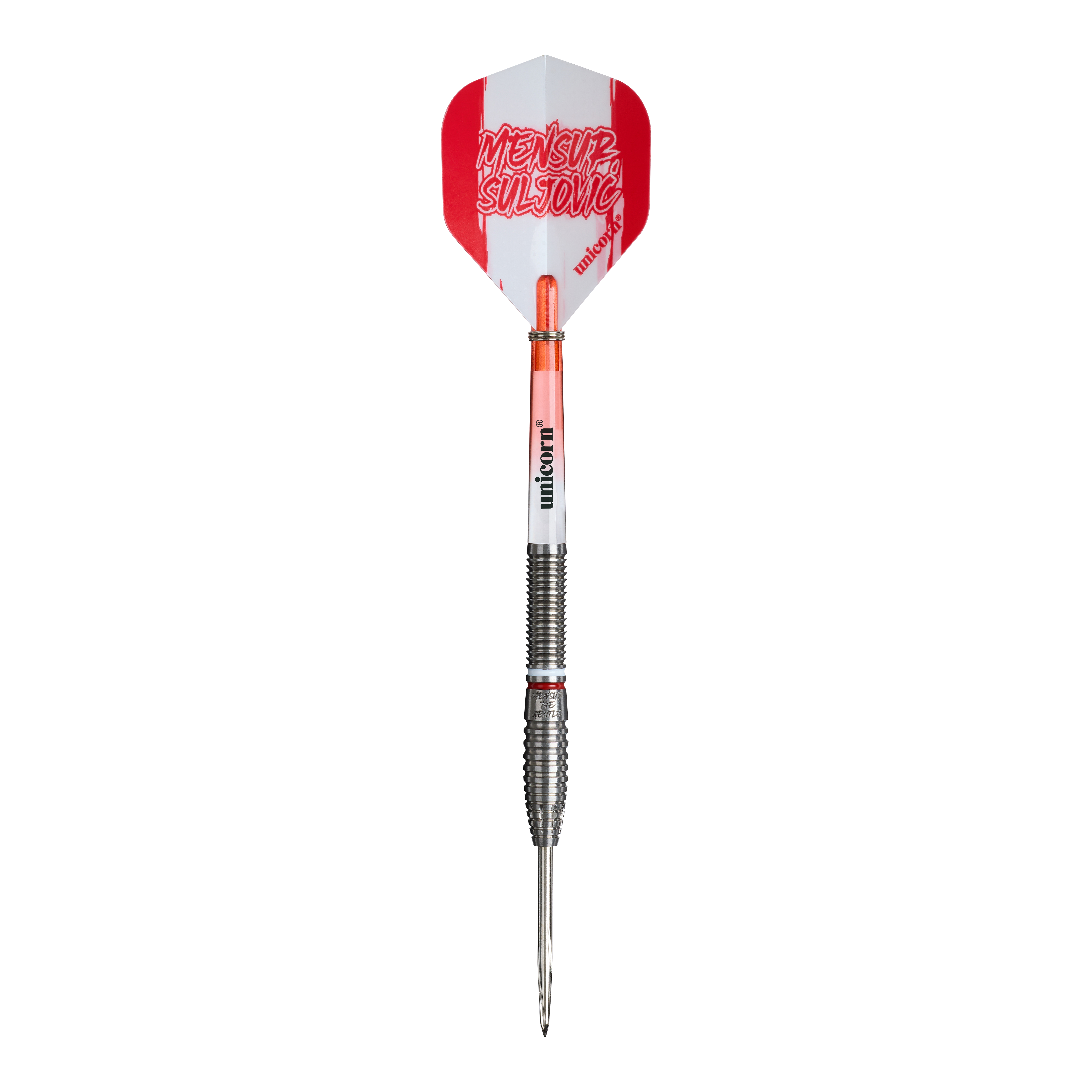 Auf diesem Bild sind die Unicorn Mensur Suljovic The Gentle Steeldarts - 23g abgebildet. Die Darts sind für präzises und kontrolliertes Spielen ausgelegt.