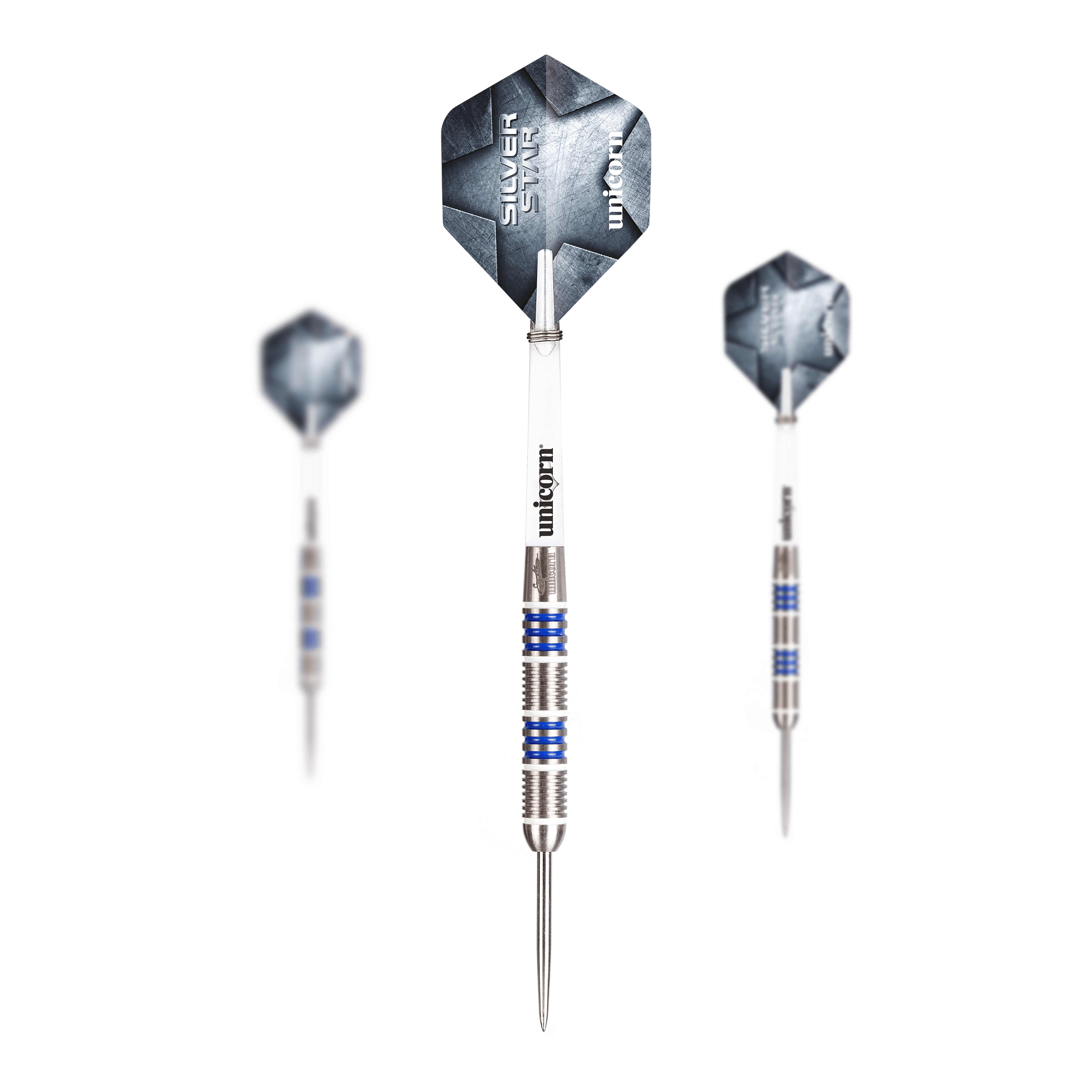 Unicorn Silver Star Var.4 Gary Anderson Steeldarts Abgebildet ist ein Set Unicorn Silver Star Var.4 Gary Anderson Steeldarts. Das Set besteht aus mehreren silbernen Darts mit Flights.