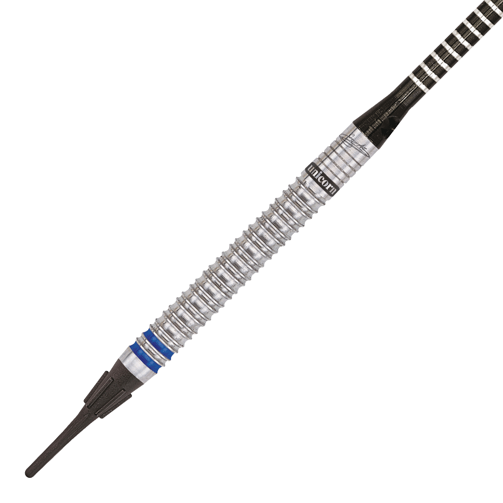04188_Unicorn_World_Champion_Natural_Phase_3_Gary_Anderson_Softdarts_2 Auf dem Bild ist ein Unicorn World Champion Natural Phase 3 Gary Anderson Softdart mit 18 Gramm zu sehen. Der Dart hat einen silbernen, geriffelten Schaft und blaue Akzente nahe der Spitze.