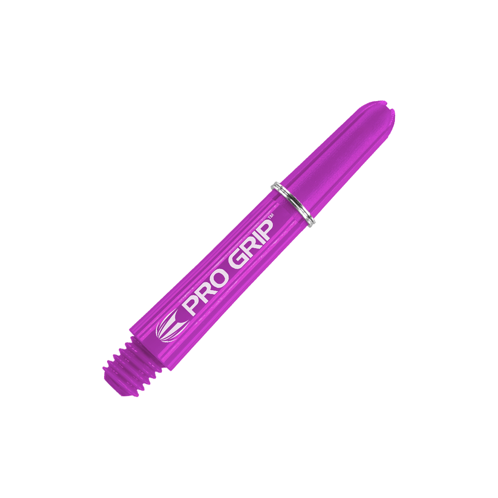 Tiges Target Pro Grip - 3 jeux - Violet Dies ist ein lila Dart-Schaft mit der Aufschrift "PRO GRIP". Er hat eine Länge von 34 mm und einen silbernen Ring.