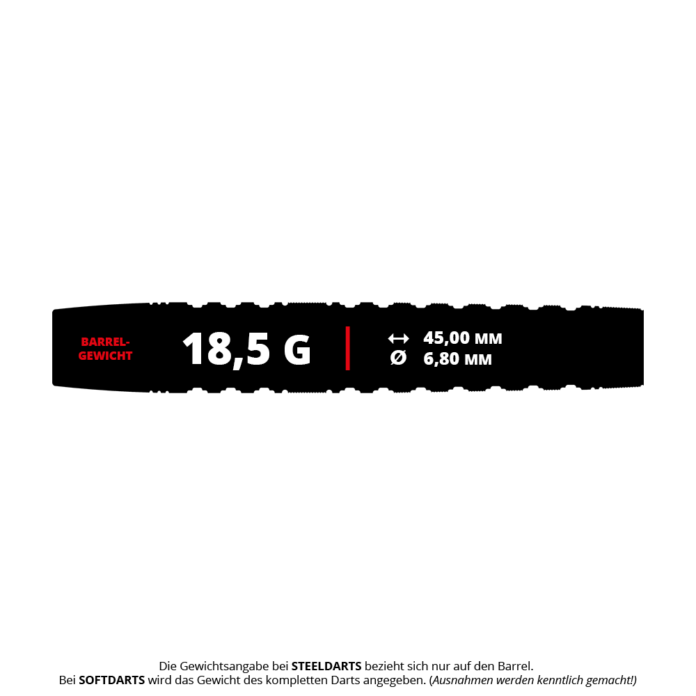 Dardos blandos Target Japan Black Marque Lumiere GEN3 - 18,5 g Das Bild zeigt die Produktinformationen der Target Japan Black Marque Lumiere GEN3 Softdarts mit einem Gewicht von 18,5 g. Die Länge beträgt 45,00 mm und der Durchmesser 6,80 mm.