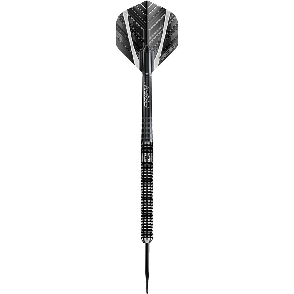 1083-24-Winmau-Blackout-Variante-1-Tungsten-Steeldarts-1mkkQhcL3tfKVy Der Bild zeigt einen schwarzen Steeldartpfeil mit silbernen Akzenten. Der Dart hat eine strukturierte Griffzone und einen modernen Flight.