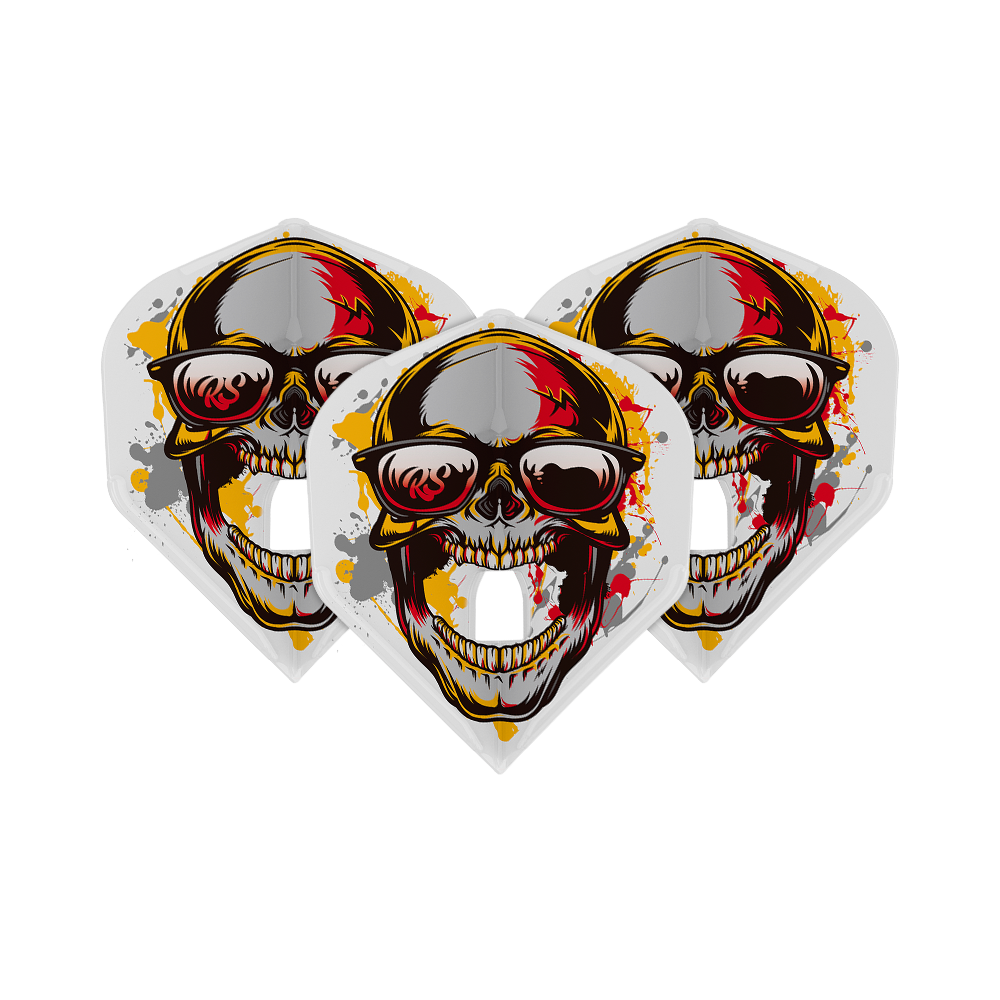 Standardní lety Marijanovic V1 L1PRO ve stylu L Das Bild zeigt drei L-Style Marijanovic V1 L1PRO Standard Flights. Auf jedem Flight ist ein auffälliger Totenkopf mit Sonnenbrille und bunten Farbeffekten abgebildet.