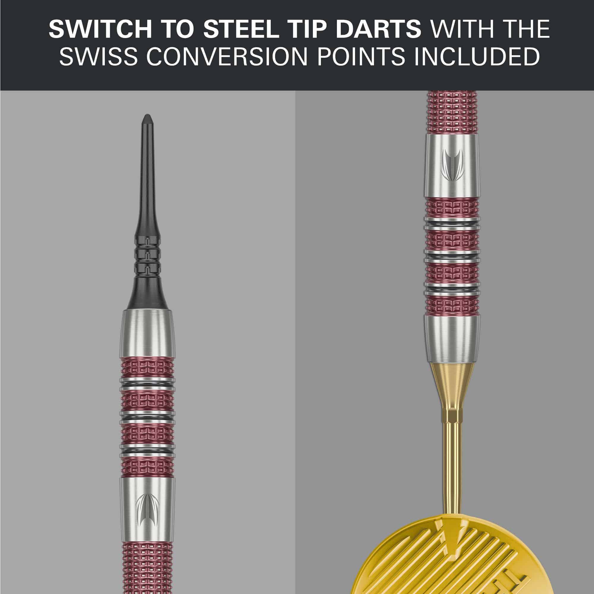 Dardos blandos Target Stephen Bunting 95K - 19 g Das Bild zeigt die Target Stephen Bunting 95K Softdarts mit einem Gewicht von 19 Gramm. Oben steht, dass man mit den enthaltenen Swiss Conversion Points einfach auf Steel-Tip-Darts wechseln kann.