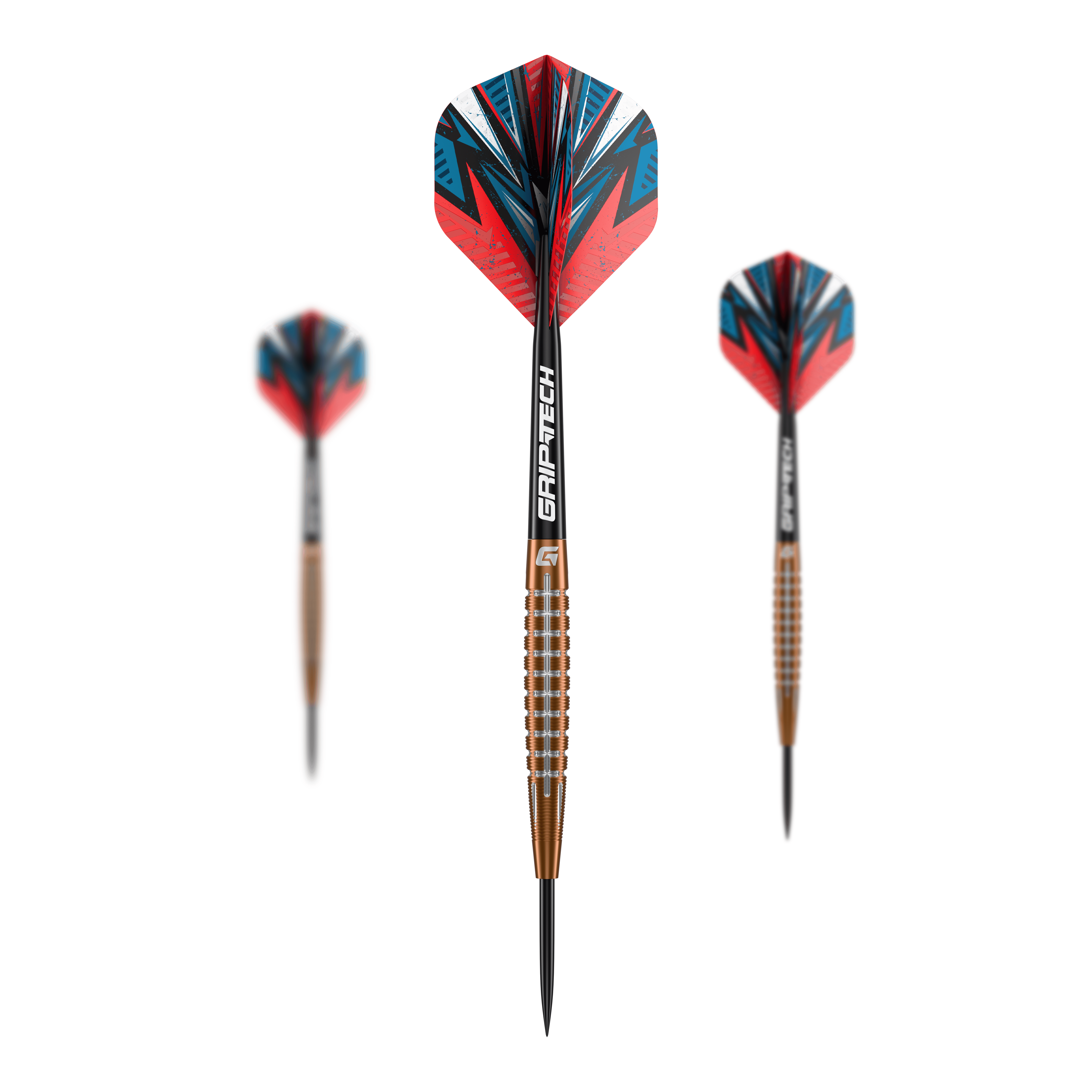 Dardos de acero de tungsteno GOAT Quarterback V1 Das Bild zeigt drei GOAT Quarterback V1 Tungsten Steeldarts. Die Pfeile haben bunte Flights in Rot, Blau und Schwarz sowie einen bronzefarbenen, gerillten Schaft.