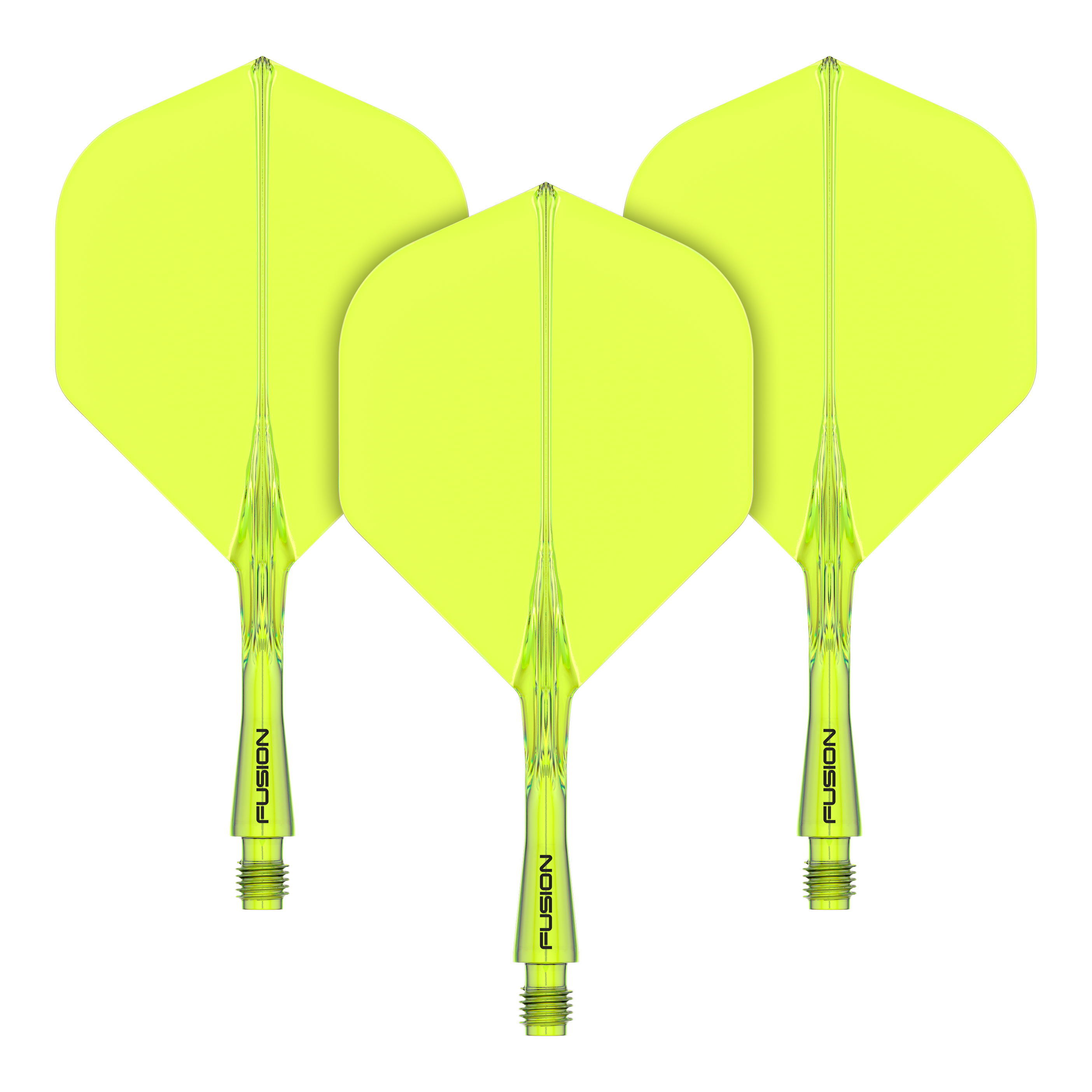 Sistema di alberi di volo Winmau Fusion standard giallo Das Bild zeigt drei gelbe Dartflights mit Schaftsystem. Auf den Schäften steht das Wort "FUSION" geschrieben.