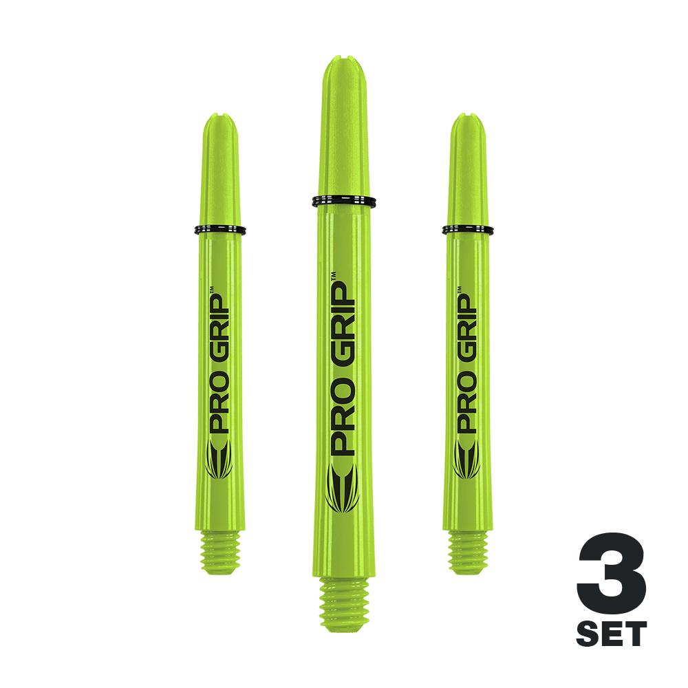 Das Bild zeigt drei limegrüne Pro Grip Shafts für Darts. Unten rechts steht "3 Set", was bedeutet, dass es ein Set mit drei Stück ist.