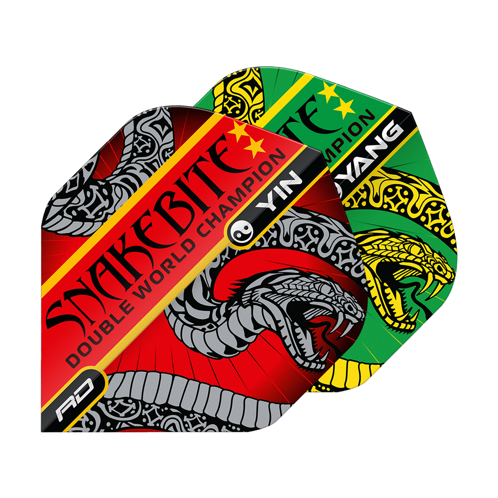 Red Dragon Peter Wright Snakebite Červeno-zelený Yin Yang Standardní lety Auf dem Bild sind zwei bunte Dart-Flights mit Schlangenmotiven zu sehen. Die Flights tragen die Aufschrift "Snakebite Double World Champion" und haben die Farben Rot und Grün.