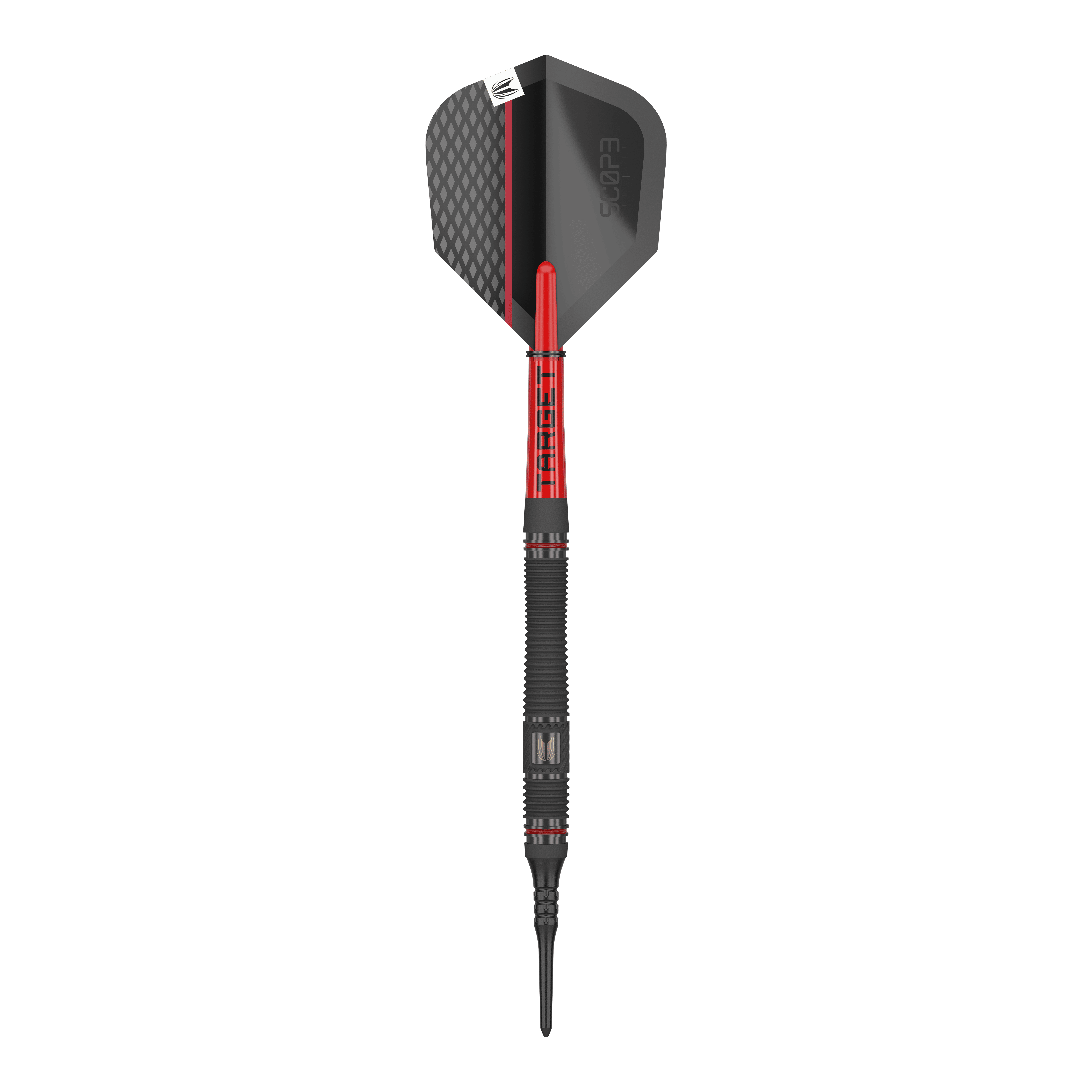 Target Scope 11 Softdarts Das Bild zeigt einen Softdart namens "Target Scope 11 Softdarts". Der Dart ist schwarz und rot mit einem modernen Design und einer strukturierten Oberfläche.