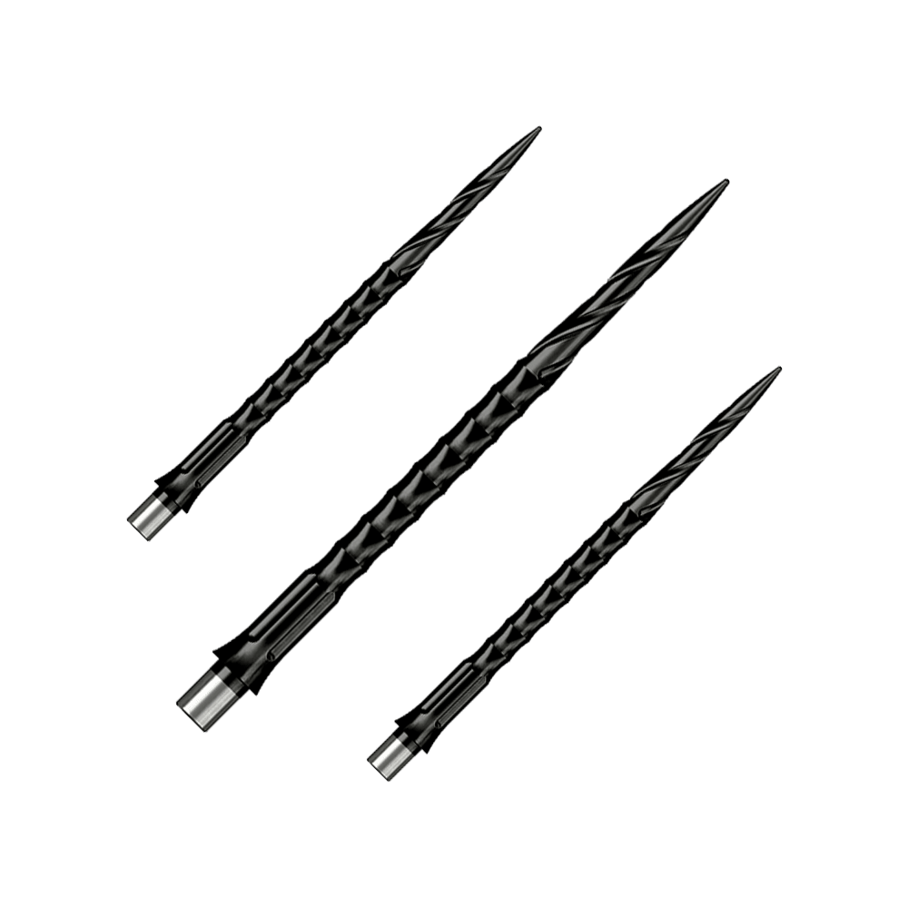 Caliburn System Steeldartspitzen - Spiro - No Lip - Black Das Bild zeigt ein Produkt mit dem Dateinamen EVO033_Caliburn_Evo_System_Steeldartspitzen_Spiro_NoLip_Black_40mm_1Set. Es könnte sich um ein Set von schwarzen Steeldartspitzen handeln.