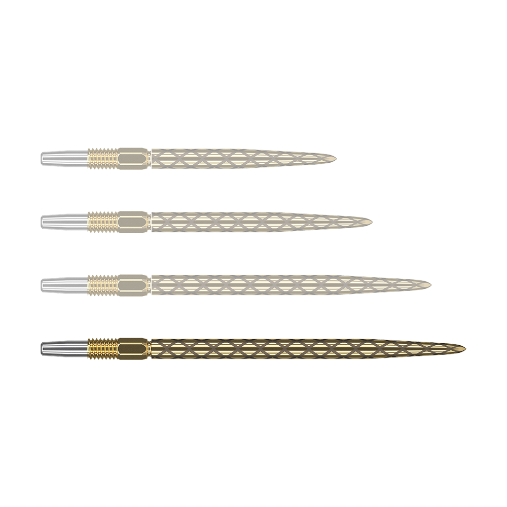 Target Swiss Diamond Pro Gold Dartspitzen Das Bild zeigt vier goldfarbene Dartspitzen mit einem rautenförmigen Muster. Die Spitzen liegen parallel nebeneinander auf einem grünen Hintergrund.
