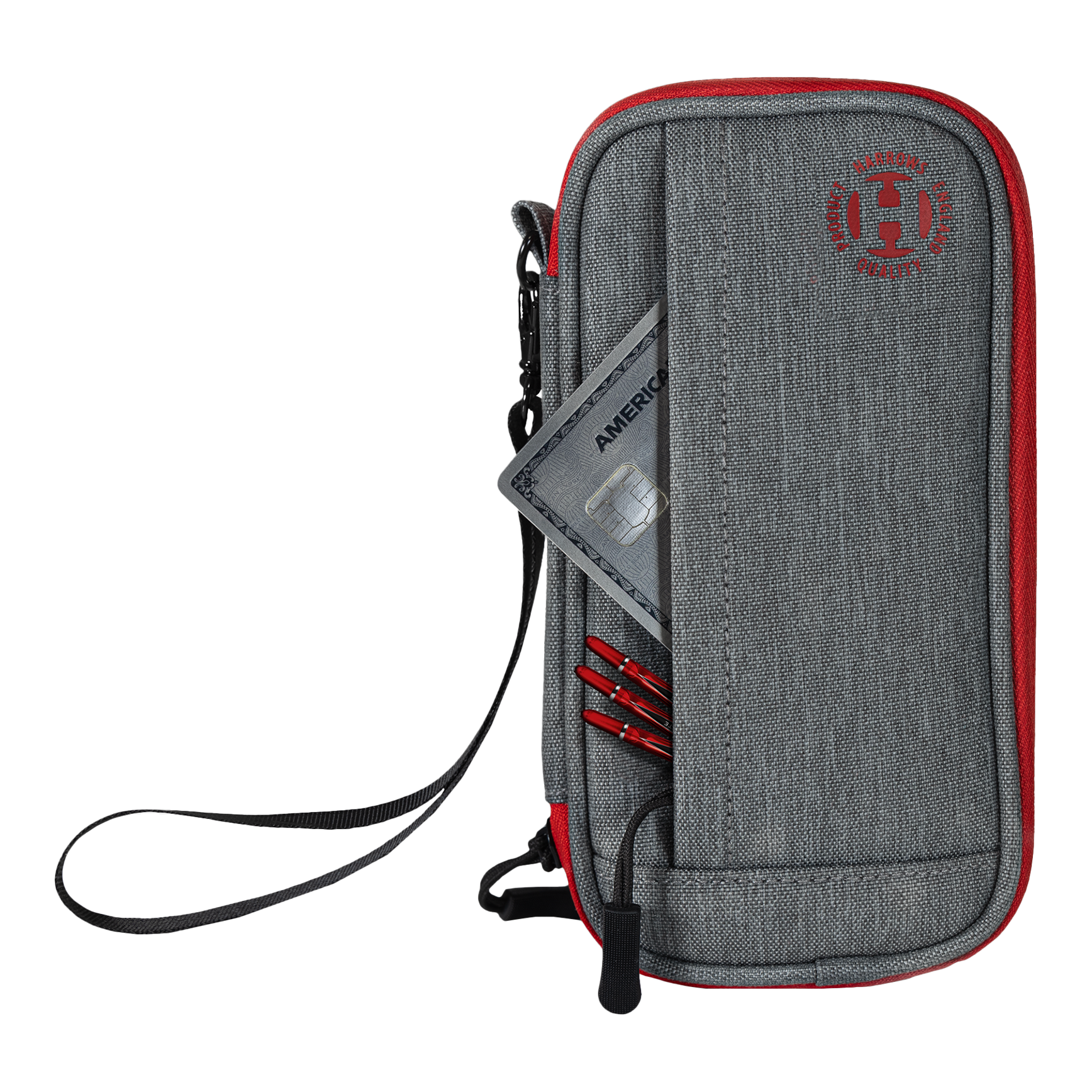 Harrows Smart Case Dartwallet Das Bild zeigt ein graues und rotes Dart-Etui mit einem Reißverschluss und einer Handschlaufe. In der Vordertasche stecken eine Kreditkarte und einige Dartspitzen.