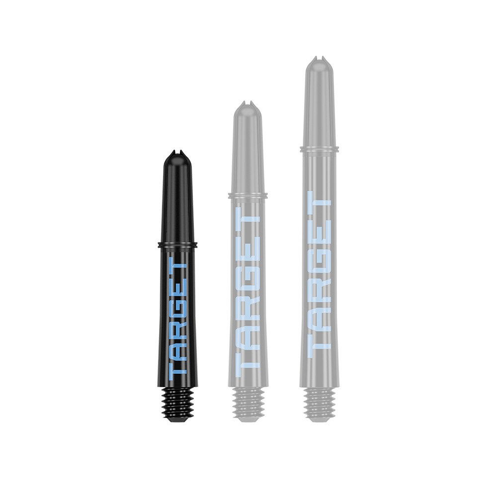 Target Pro Grip TAG Shafts - 3 Sets - Black Blue Auf dem Bild sind drei schwarze Dartschäfte mit blauer Schrift zu sehen. Sie tragen die Aufschrift "TARGET" und sind unterschiedlich lang.