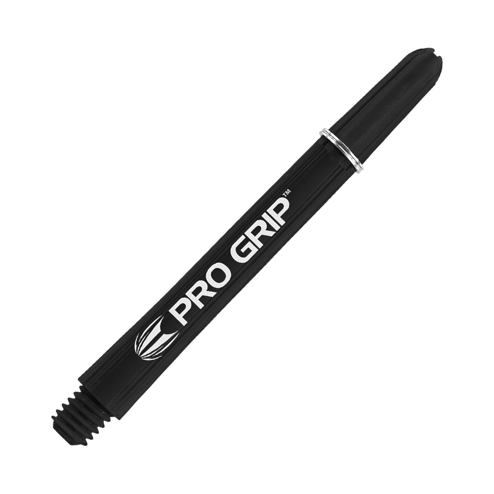 110160_Target_Pro_Grip_Shafts_Schwarz_48mm_2 Das Bild zeigt einen schwarzen Pro Grip Schaft von Target. Auf dem Schaft steht deutlich sichtbar der Schriftzug "PRO GRIP".