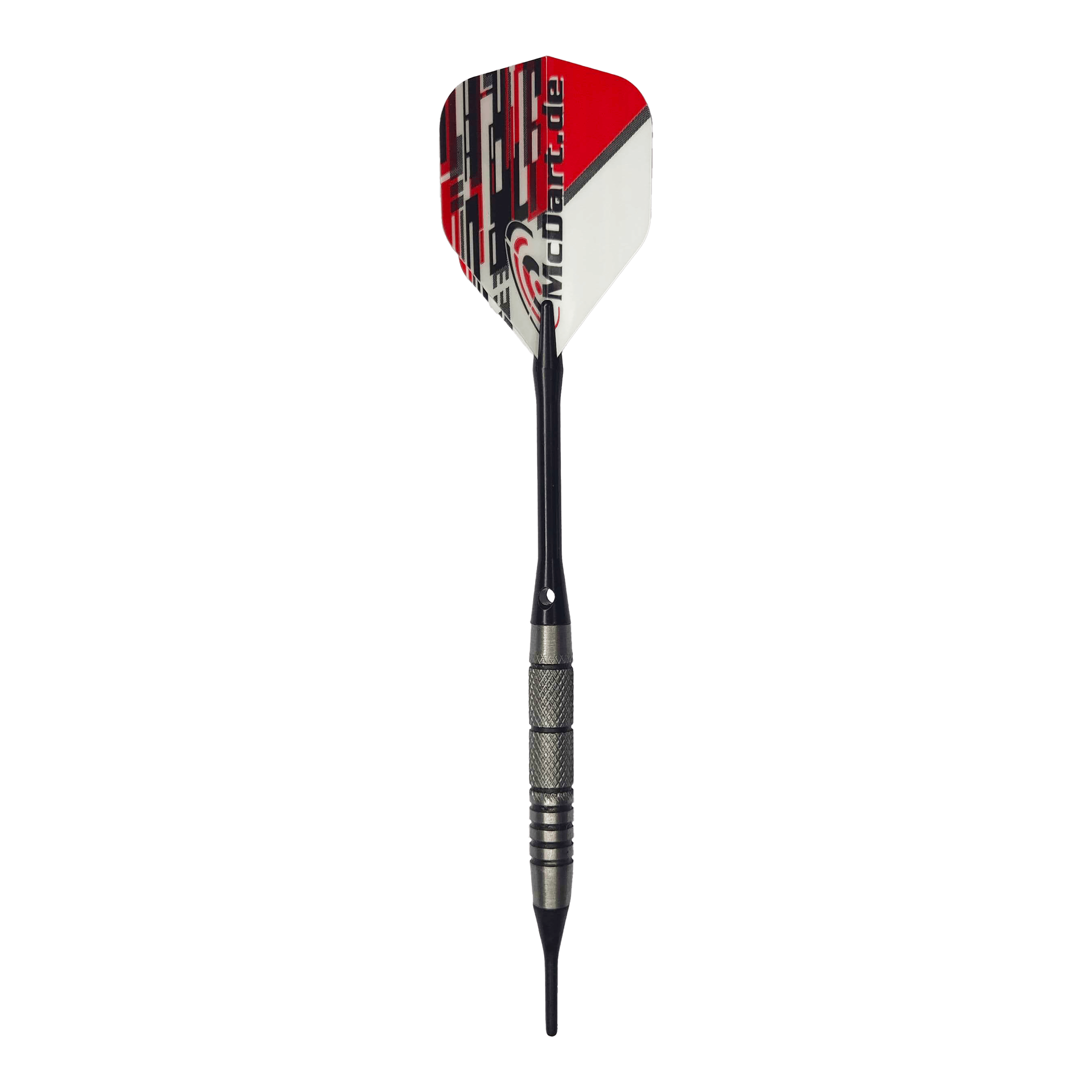 Dardos blandos McDart 85 Tungsten V9 - 17,5 g Das Bild zeigt einen McDart 85er Tungsten V9 Softdart mit einem Gewicht von 17,5g. Der Dart hat eine schwarz-silberne Spitze und Schaft sowie ein Flight in Rot, Weiß und Schwarz mit der Aufschrift "McDart.de".