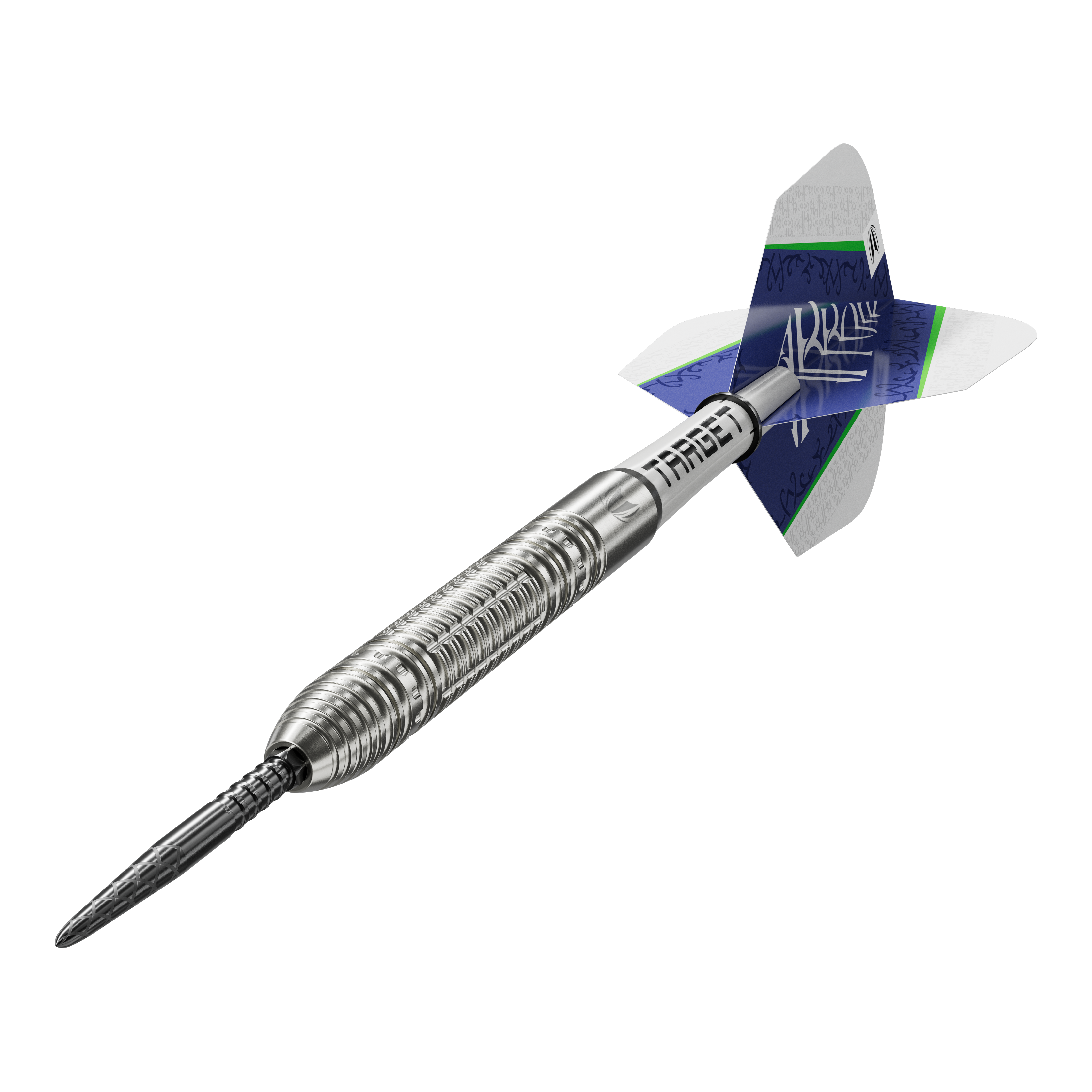 Dardos de acero Target Shane McGuirk GEN1 Swiss Point - 23 g Das Bild zeigt den Target Shane McGuirk GEN1 Swiss Point Steeldart mit einem Gewicht von 23g. Der Dart hat ein silbernes, geriffeltes Barrel und blaue Flights mit weiß-grünen Akzenten.