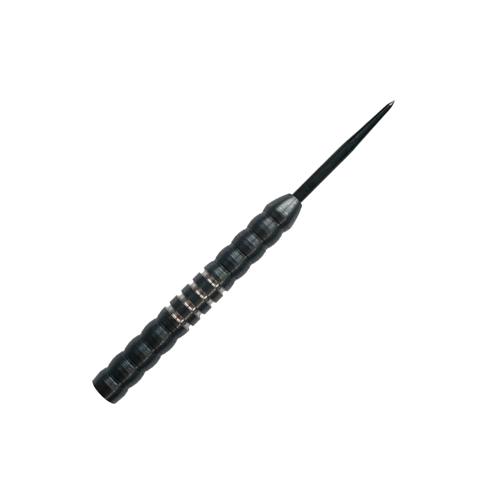 Ocelové hlavně na šipky McDart Midnight V1 Das Bild zeigt einen McDart Midnight V1 Steeldart Barrel. Der Barrel ist schwarz mit silbernen Ringen und hat eine strukturierte Oberfläche für besseren Halt.