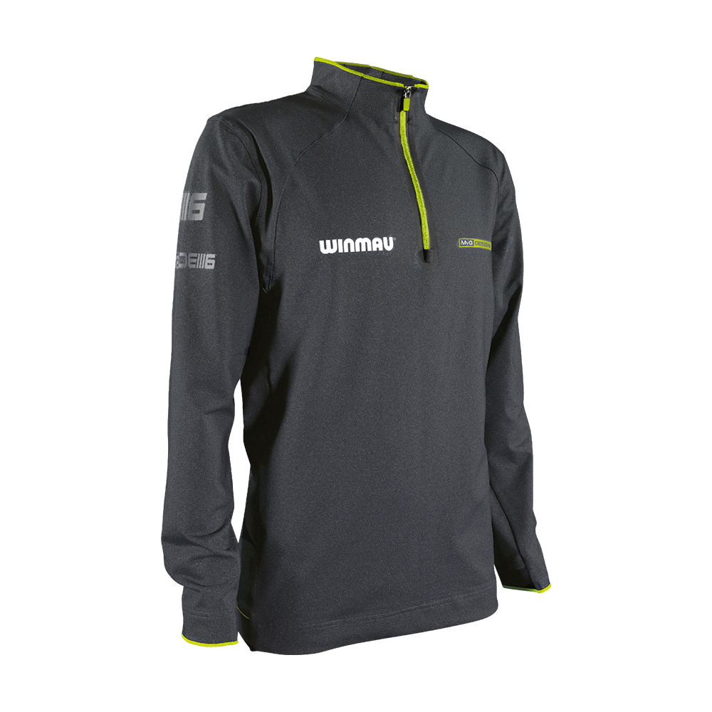 8409_Winmau_Michael_Van_Gerwen_Alpine_Top_Longsleeve_1_NEU Das Bild zeigt ein langärmliges, dunkelgraues Oberteil mit gelben Akzenten und einem Reißverschluss am Kragen. Auf der Vorderseite steht „Winmau“ und auf dem Ärmel sind zusätzliche Schriftzüge zu sehen.