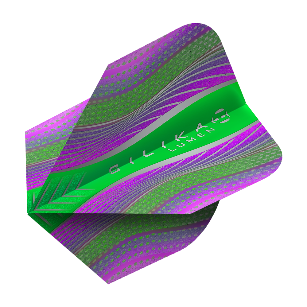 HF5125_Harrows_Silikia_Lumen_Purple_Green_No6_Flights_2 Harrows Silika Lumen Purple Green No6 Flights. Das Bild zeigt Dartflights mit violettem und farbigem Design.