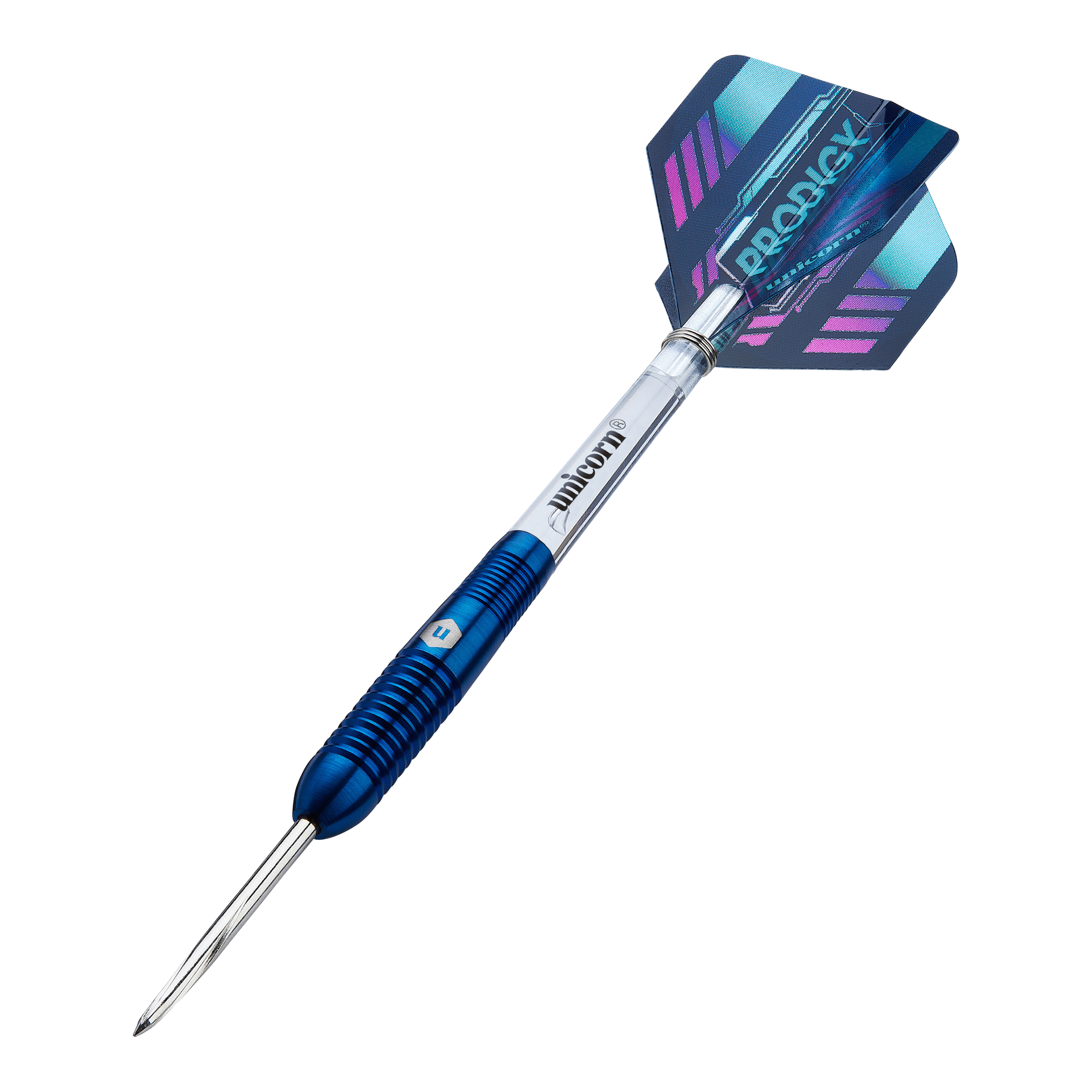Dardos de acero Unicorn Prodigy 02 Torpedo Das Bild zeigt einen Unicorn Prodigy 02 Torpedo Steeldart. Der Dartpfeil hat ein blaues und silbernes Design mit einer farbigen Flights-Feder am Ende.