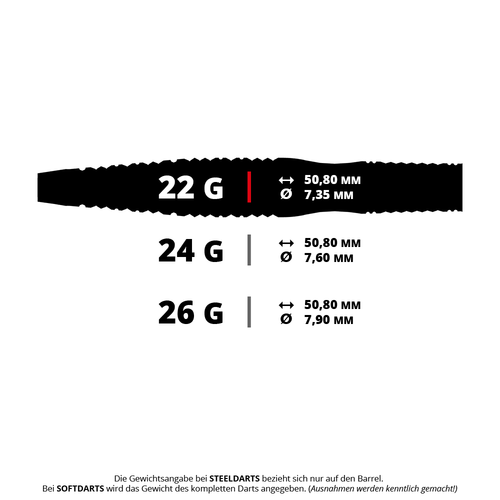Das Bild zeigt einen BT0160 Bullet Poison Steeldart mit 22g Gewicht. Der Steeldart ist schlank und metallisch gestaltet.
