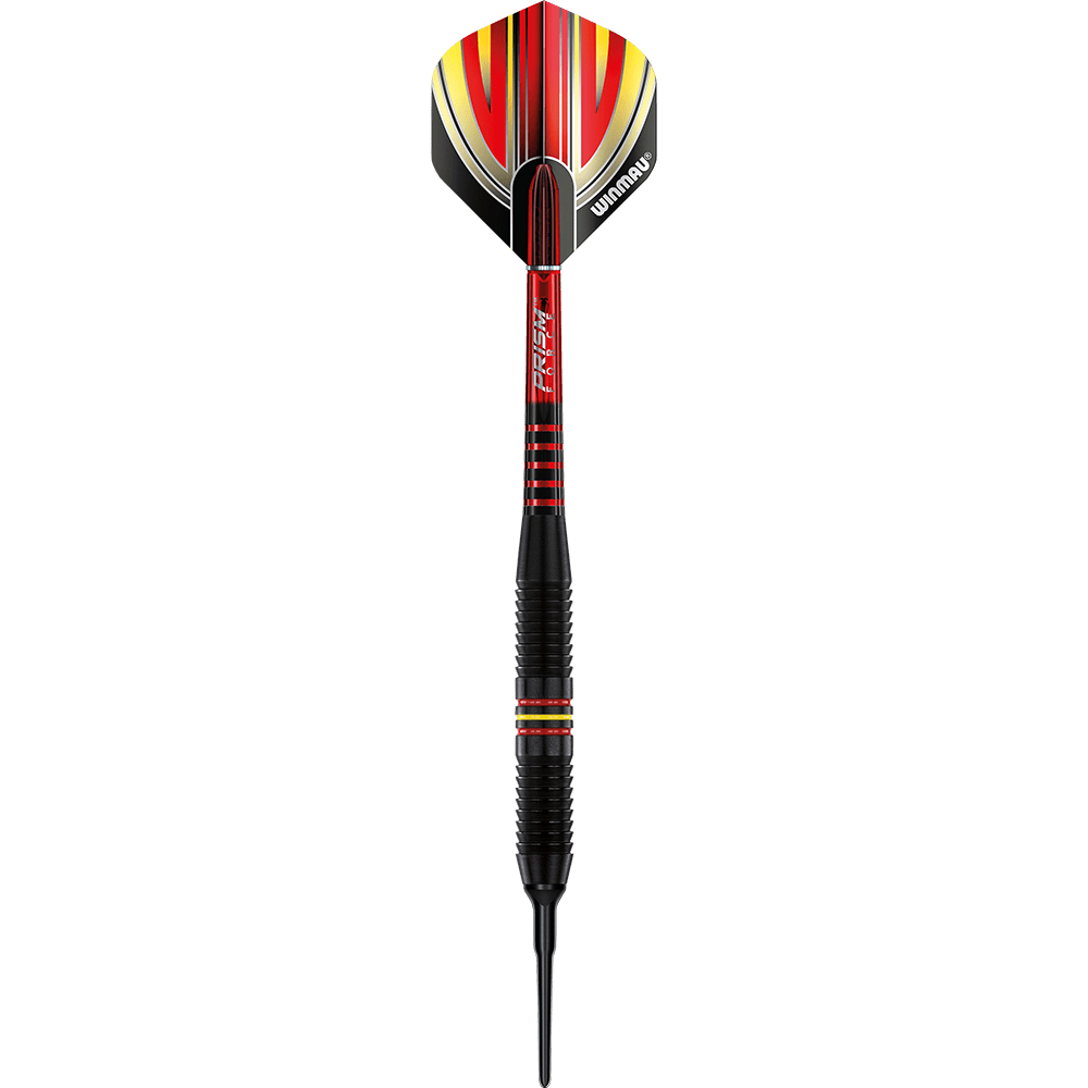 2235-18_Winmau_Outrage_Black_Coated_Brass_Softdarts_15g7cXxolyxMKp Das Bild zeigt einen Winmau Outrage V1 Black Coated Brass Softdart mit einem Gewicht von 18 Gramm. Der Dartpfeil ist schwarz mit roten und gelben Akzenten und hat eine Kunststoffspitze.
