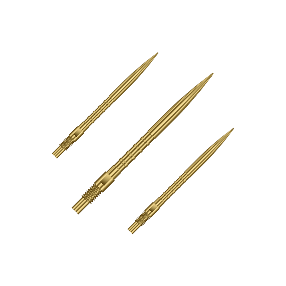 Das Bild zeigt ein Set aus goldenen Dartspitzen mit 30mm Länge. Es sind Harrows Quick Point Heavy Metal Grip Dartspitzen Gold 30mm im Set.