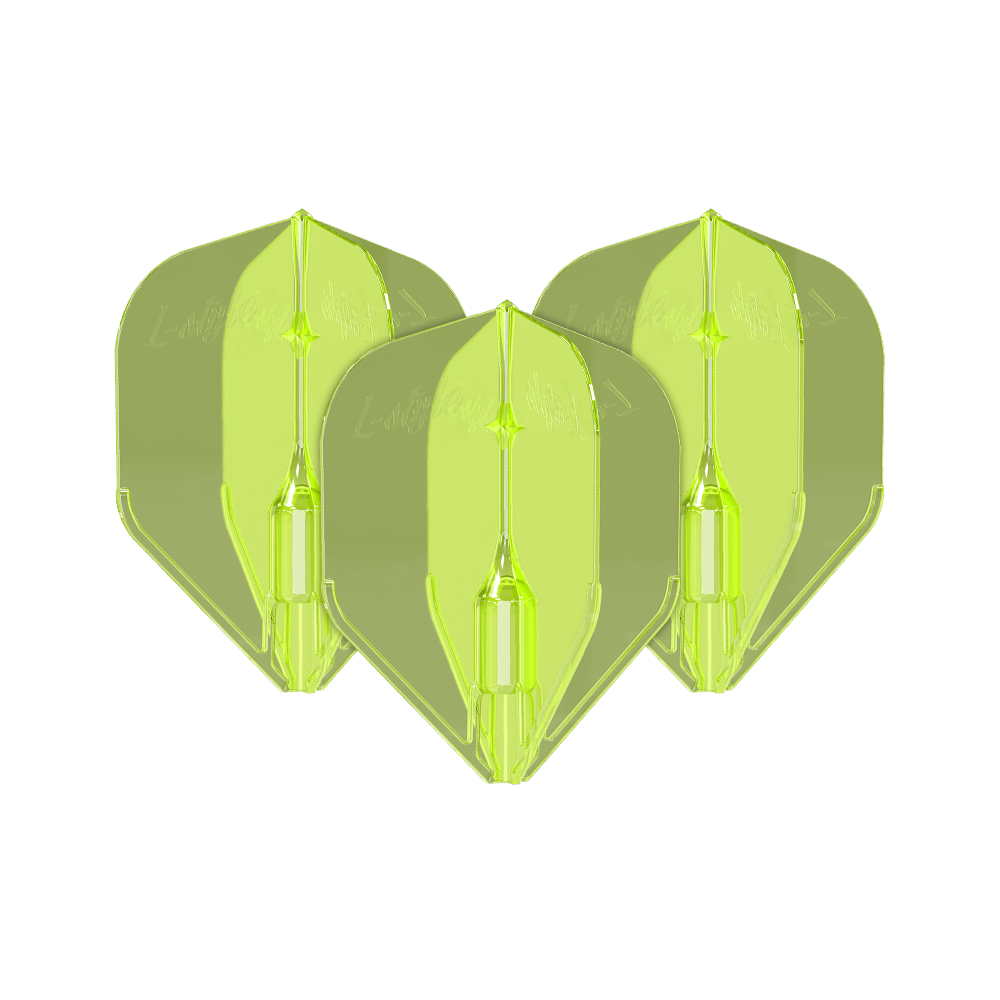Plumas L-Style Fantom L3EZ Amarillo Neón Das Bild zeigt drei neongelbe L-Style Fantom L3EZ Flights für Dartpfeile. Sie sind aus Kunststoff und haben eine glänzende, transparente Oberfläche.
