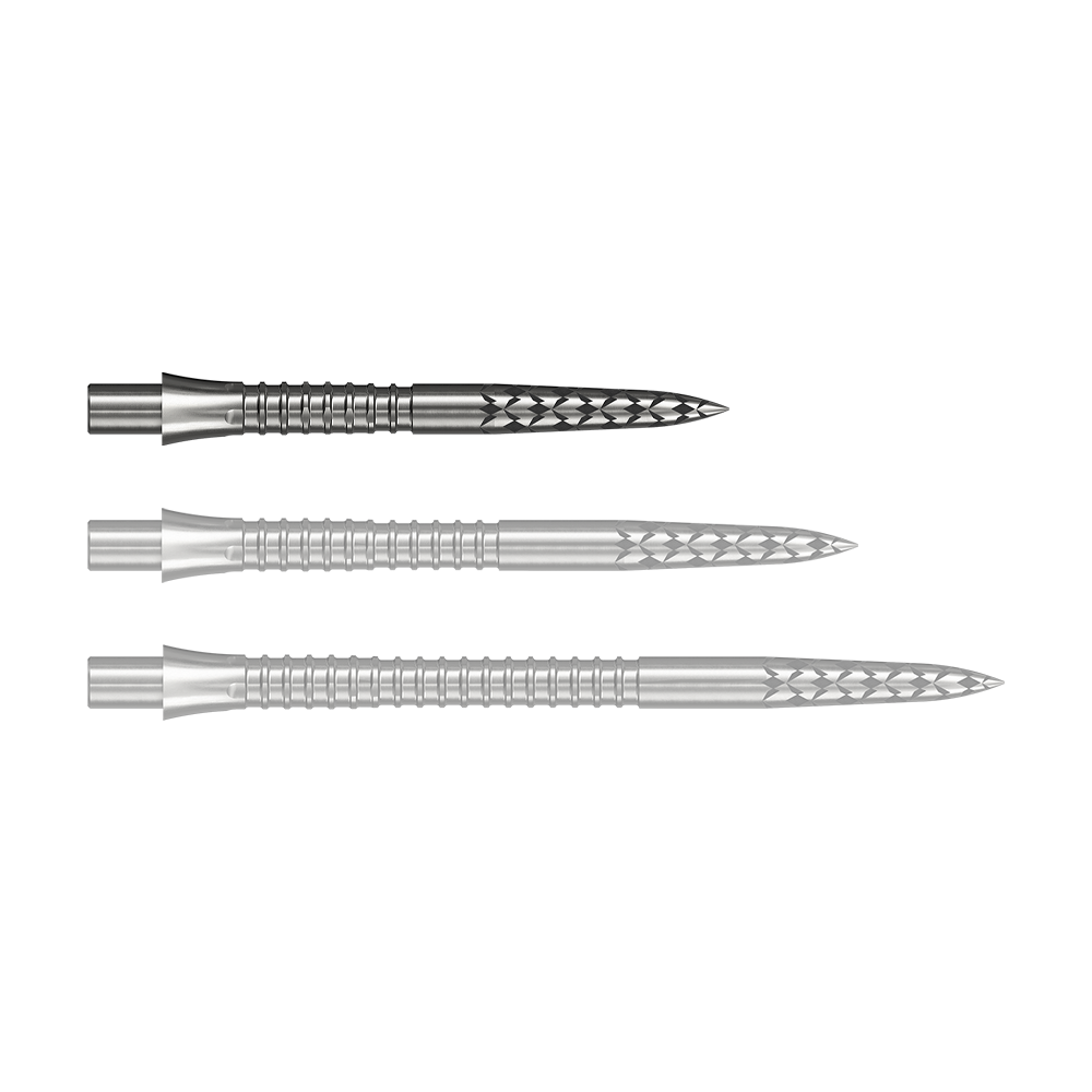 Das Bild zeigt eine Steeldartspitze aus Silber mit 26 mm Länge. Dieses Produkt wird durch die Datei M002127_Missoin_Caliburn_EVO_GV-Logo_Steeldartspitzen_Silber_26mm_1 dargestellt.