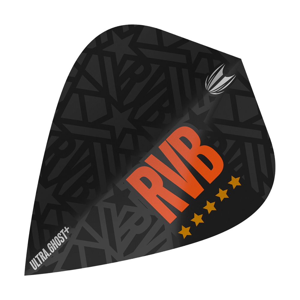 Target UltraGhost Raymond Van Barneveld GEN2 Kite Flights Dies ist ein Target UltraGhost Raymond Van Barneveld GEN2 Kite Flight. Das Flight ist schwarz mit großen orangen Buchstaben "RVB" und fünf gelben Sternen gestaltet.