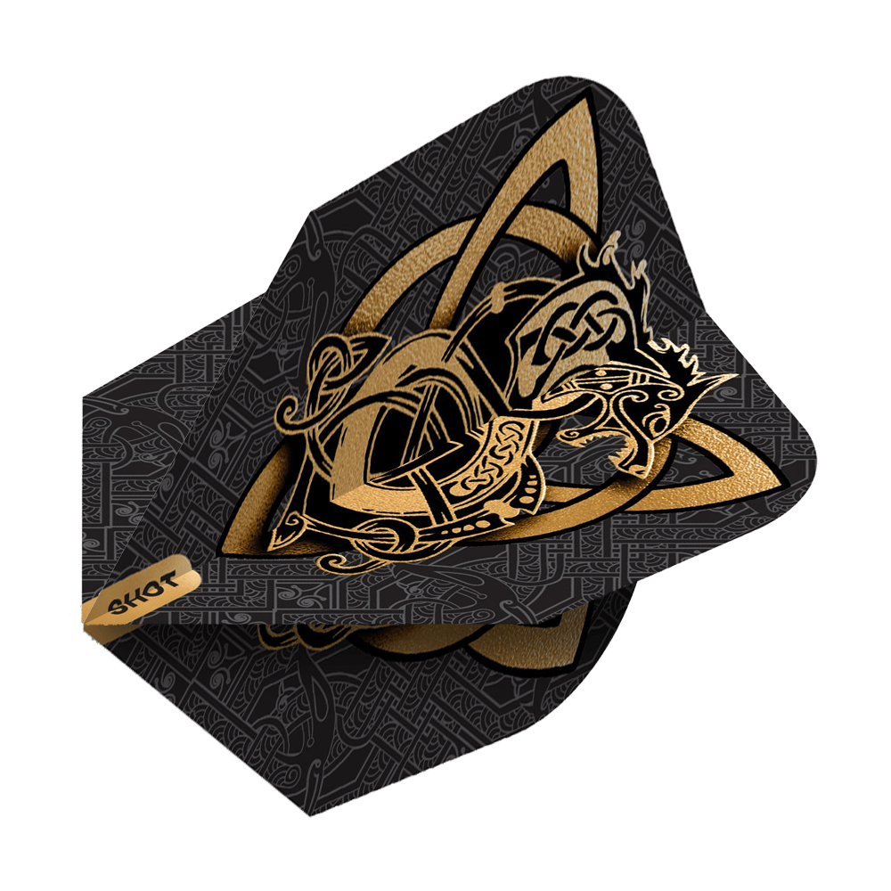 Vuelos de Shot Viking Wolf No. 6 Das Bild zeigt die Shot Viking Wolf No6 Flights mit einem eindrucksvollen goldenen Wikinger-Wolf-Design auf schwarzem Hintergrund. Die Flights sind mit detailreichen, nordisch inspirierten Mustern verziert.