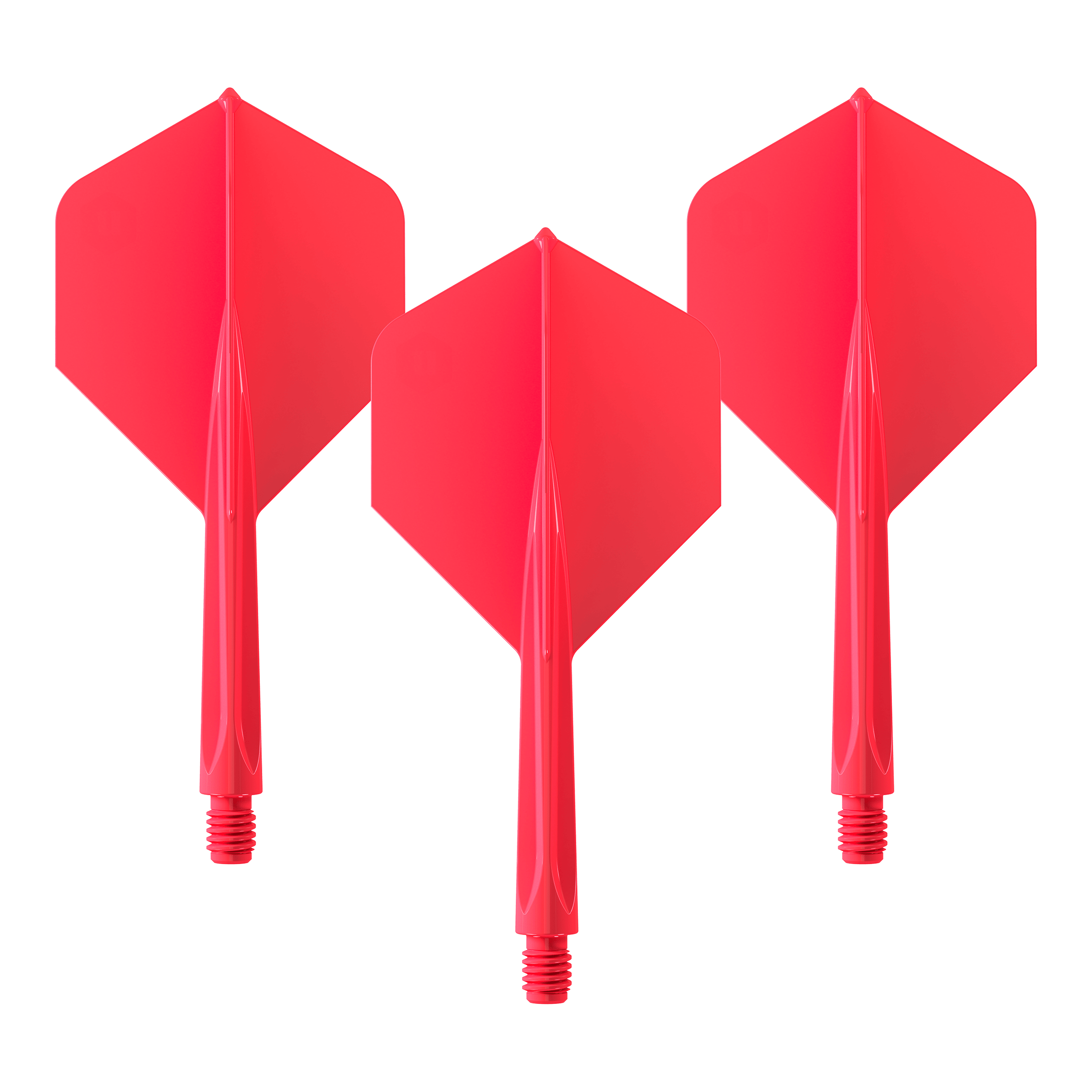 Plumas estándar Unicorn Forge All In One Plus No2, color rojo, medianas Das Bild zeigt drei rote Dartflights mit integriertem Schaft. Es handelt sich um das Produkt "Unicorn Forge All In One Plus No2 Standard Flights Rot - Medium".