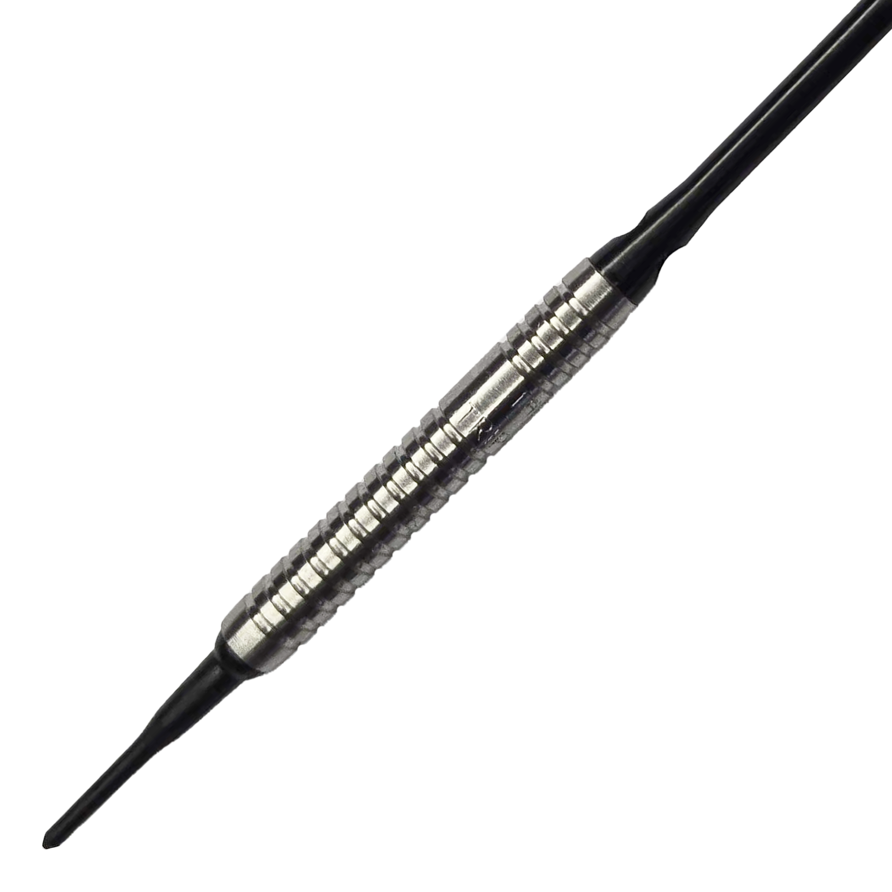 Dardos blandos McDart 85 Tungsten V5 - 16 g Das Bild zeigt einen McDart 85er Tungsten V5 Softdart mit einem Gewicht von 16g. Der Dartpfeil hat einen silbernen, geriffelten Barrel und schwarze Spitzen.